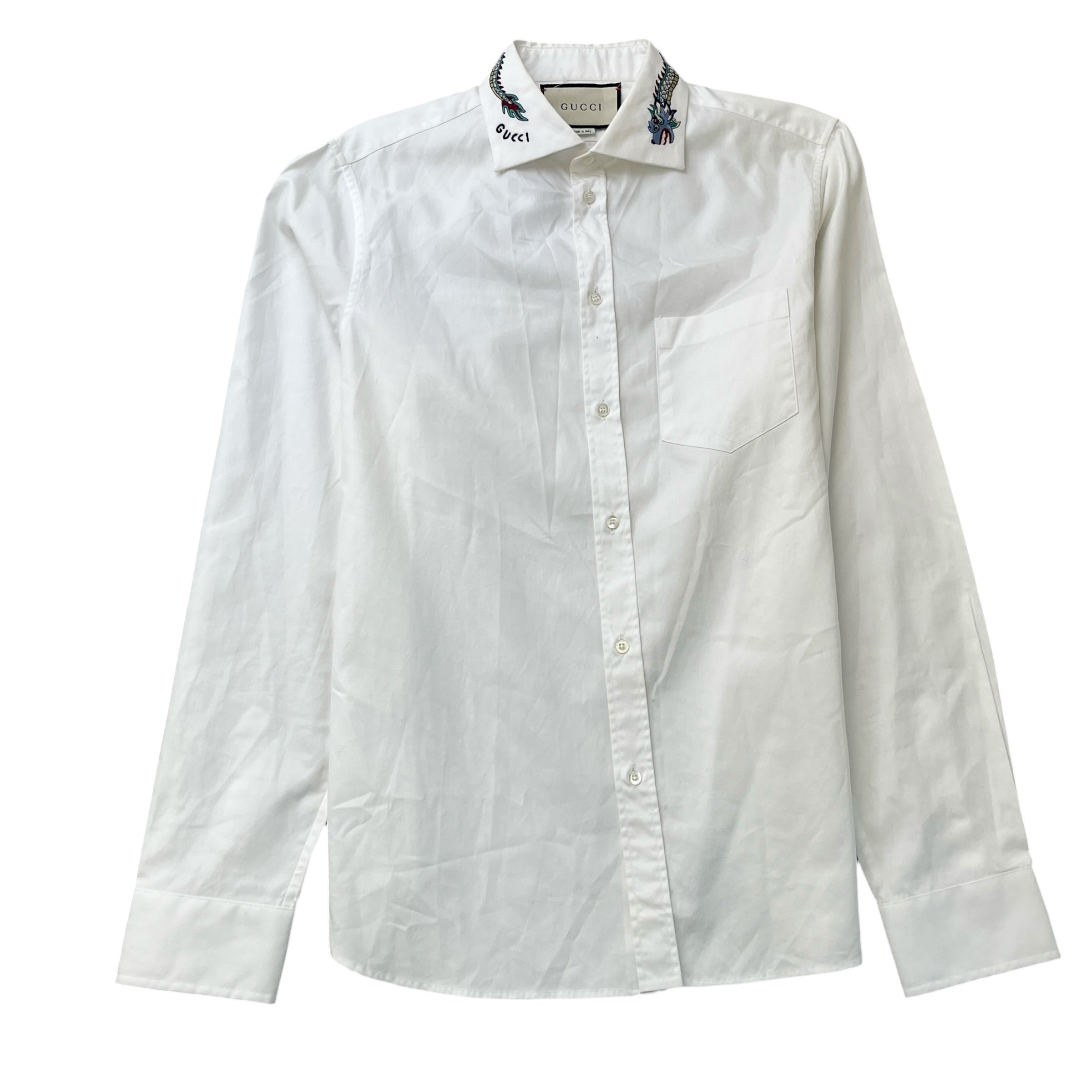 Men's Embroidered Collar Long Sleeve Shirt White Size L