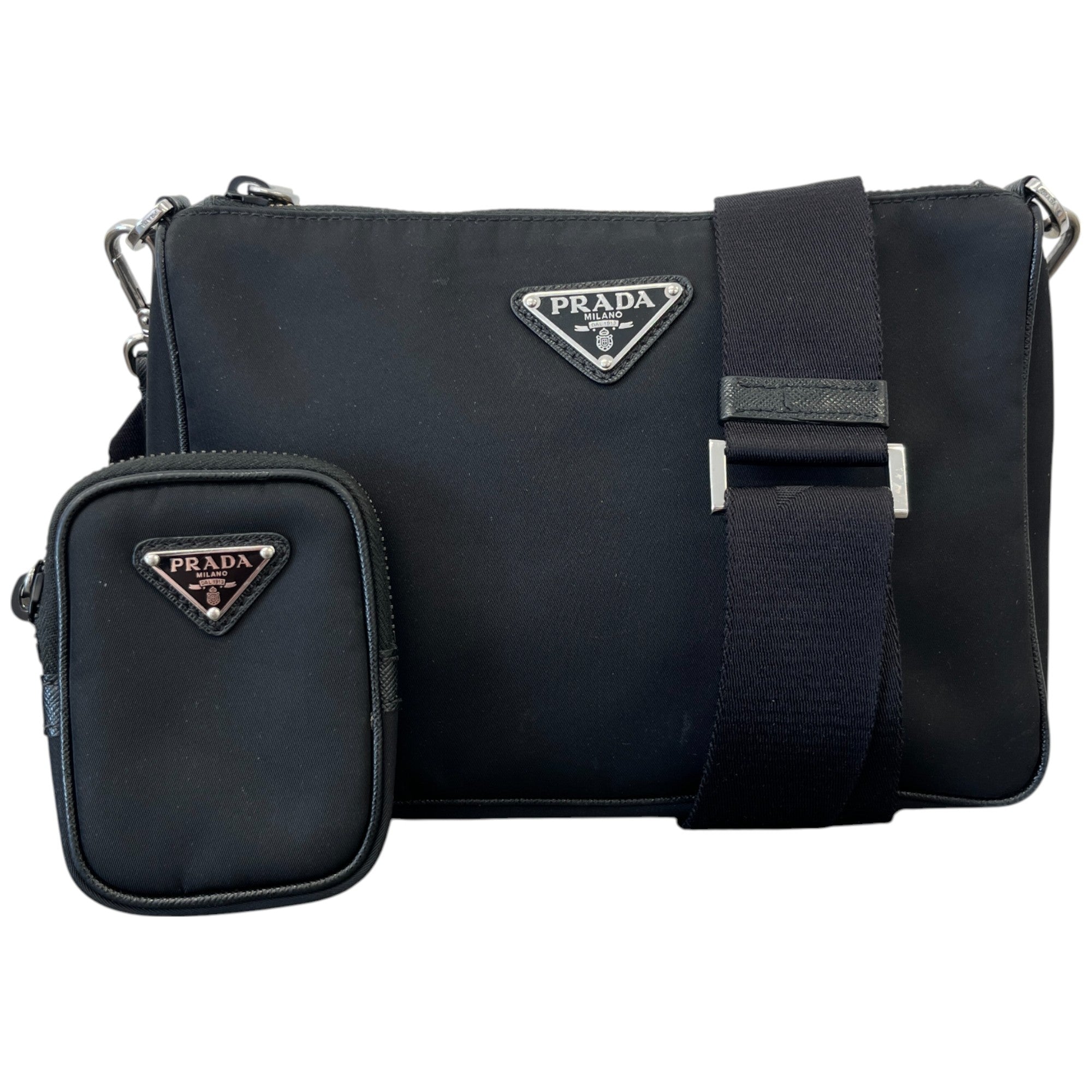 Men's Plaque Logo Re-Nylon Saffiano Shoulder Bag Black