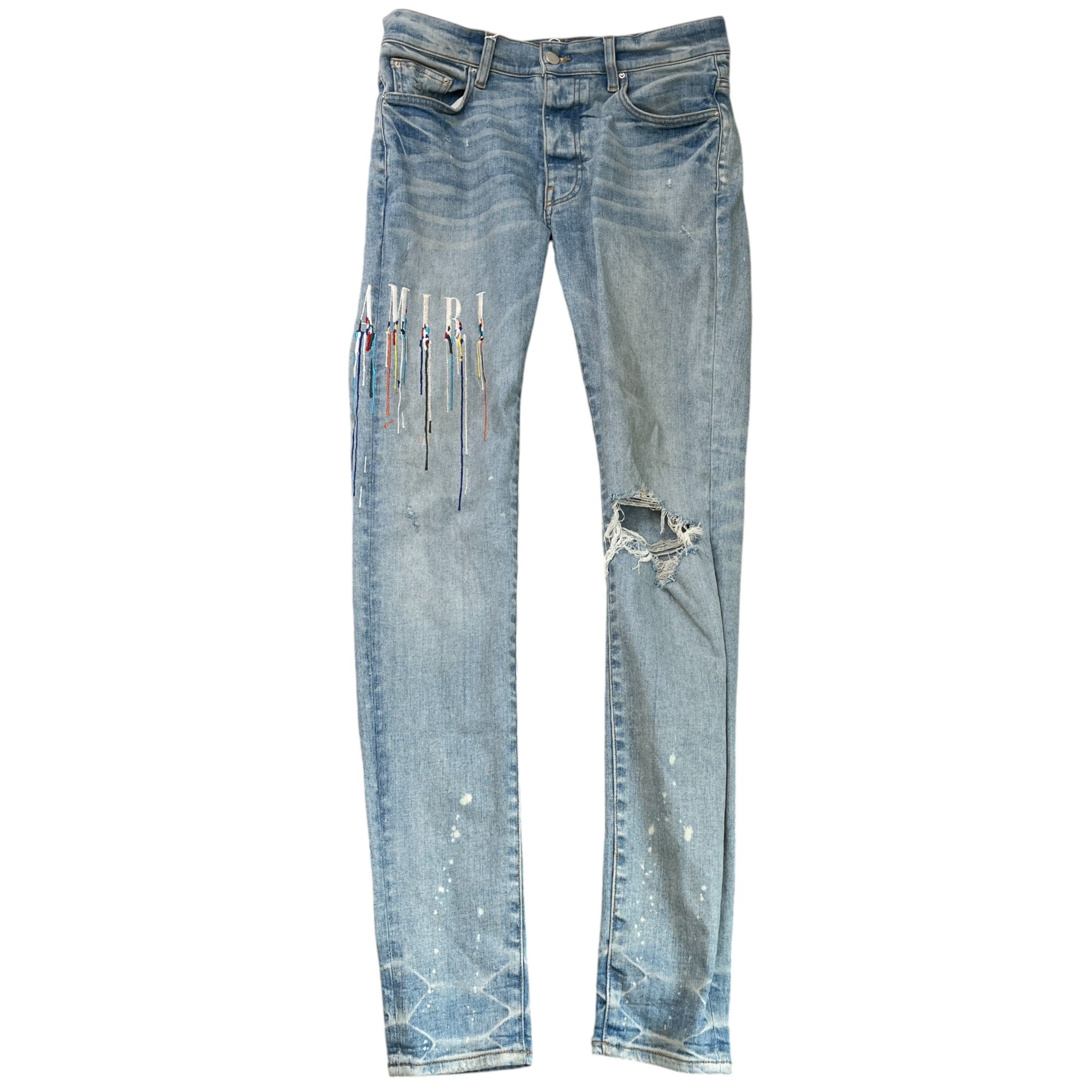 Men's Paint Drip Logo Jeans Blue Size Waist 32"