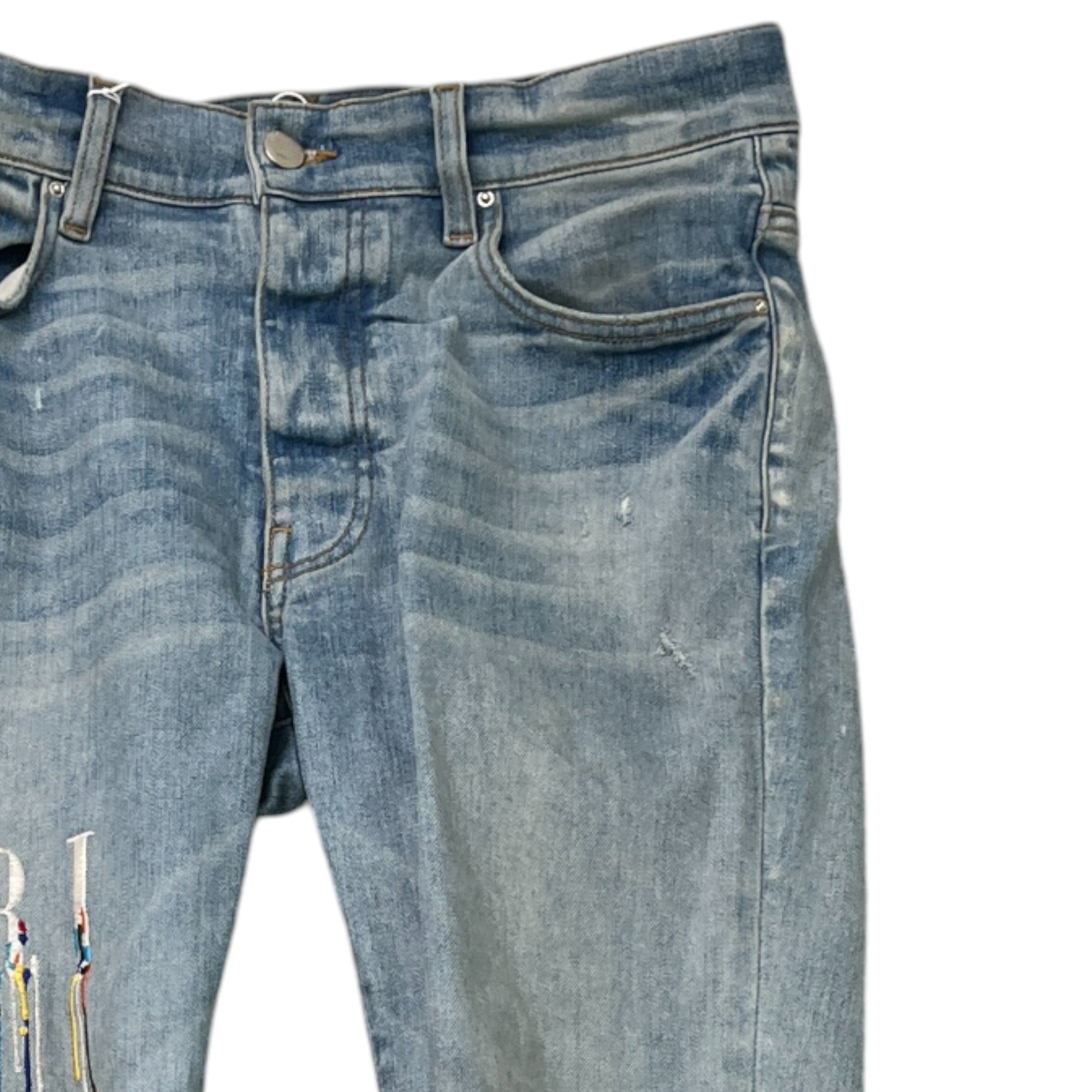 Men's Paint Drip Logo Jeans Blue Size Waist 32"