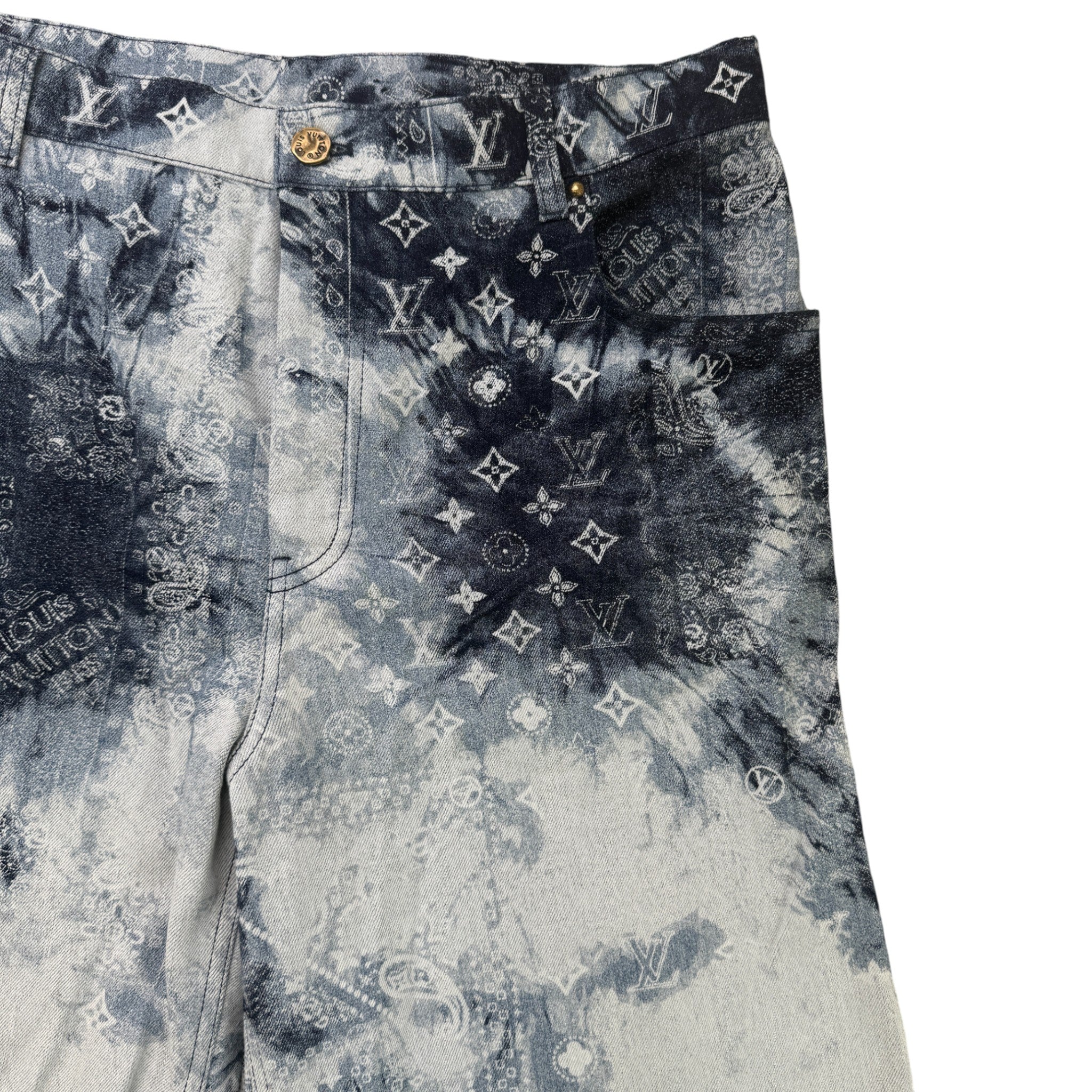 Men's Monogram Bandana Denim Shorts Navy Size Waist 36"