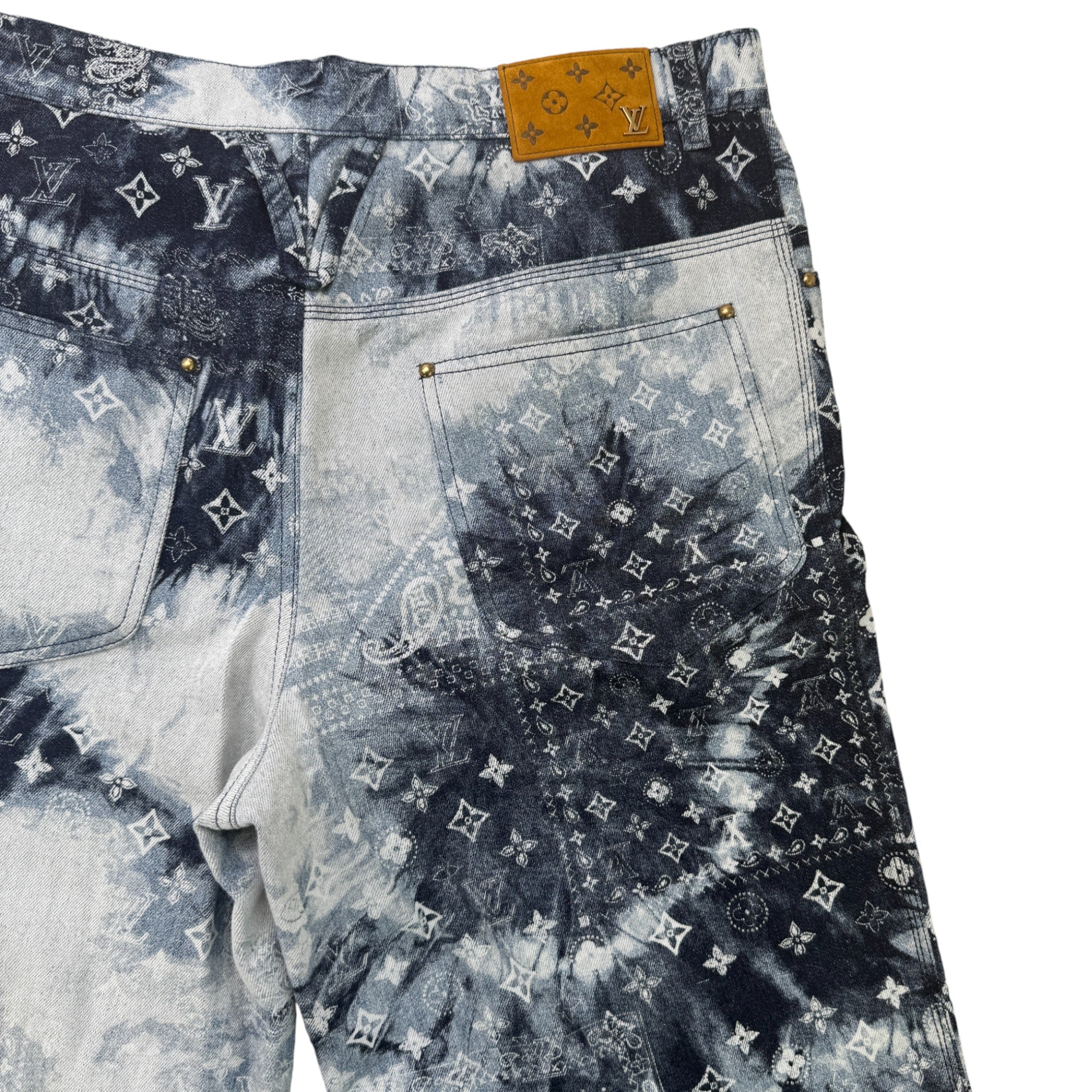 Men's Monogram Bandana Denim Shorts Navy Size Waist 36"