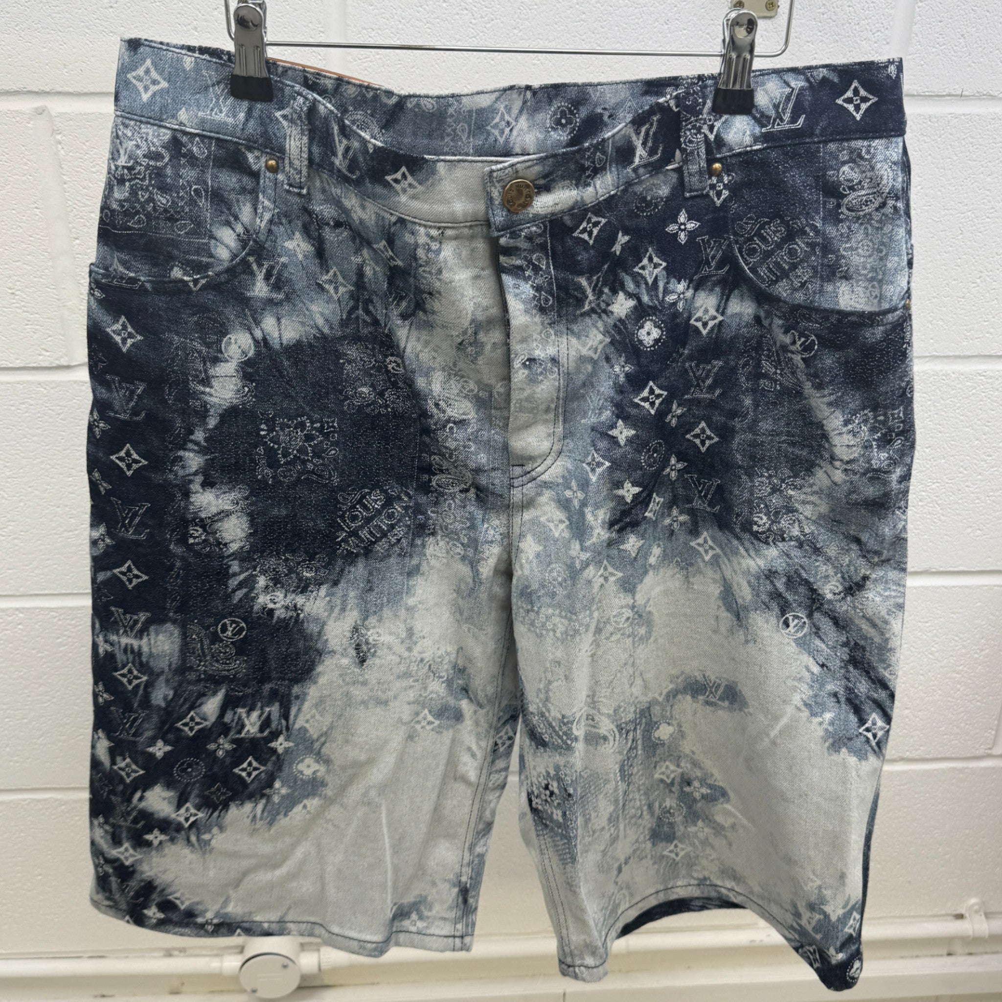 Men's Monogram Bandana Denim Shorts Navy Size Waist 36"