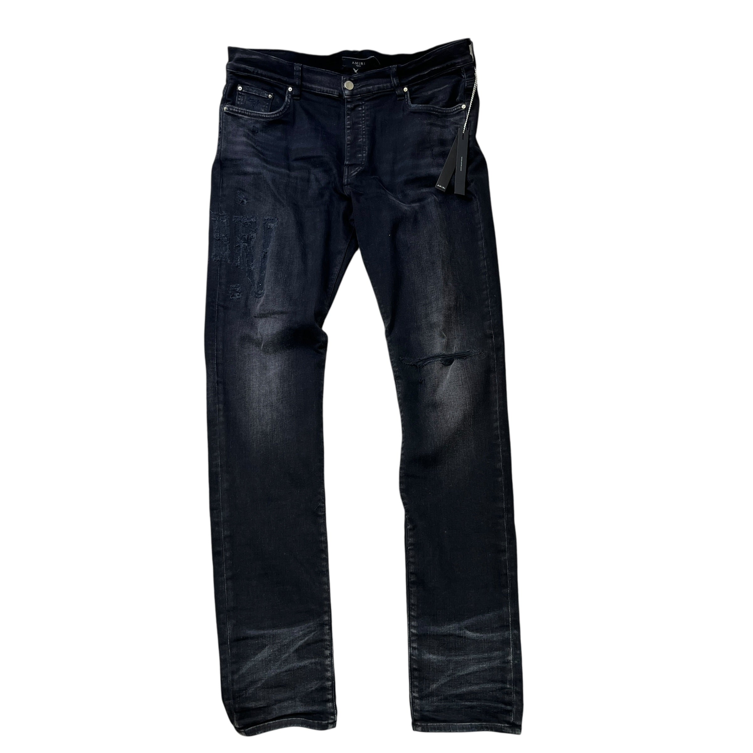 Men's Distressed Logo Jeans Black Size Waist 36"