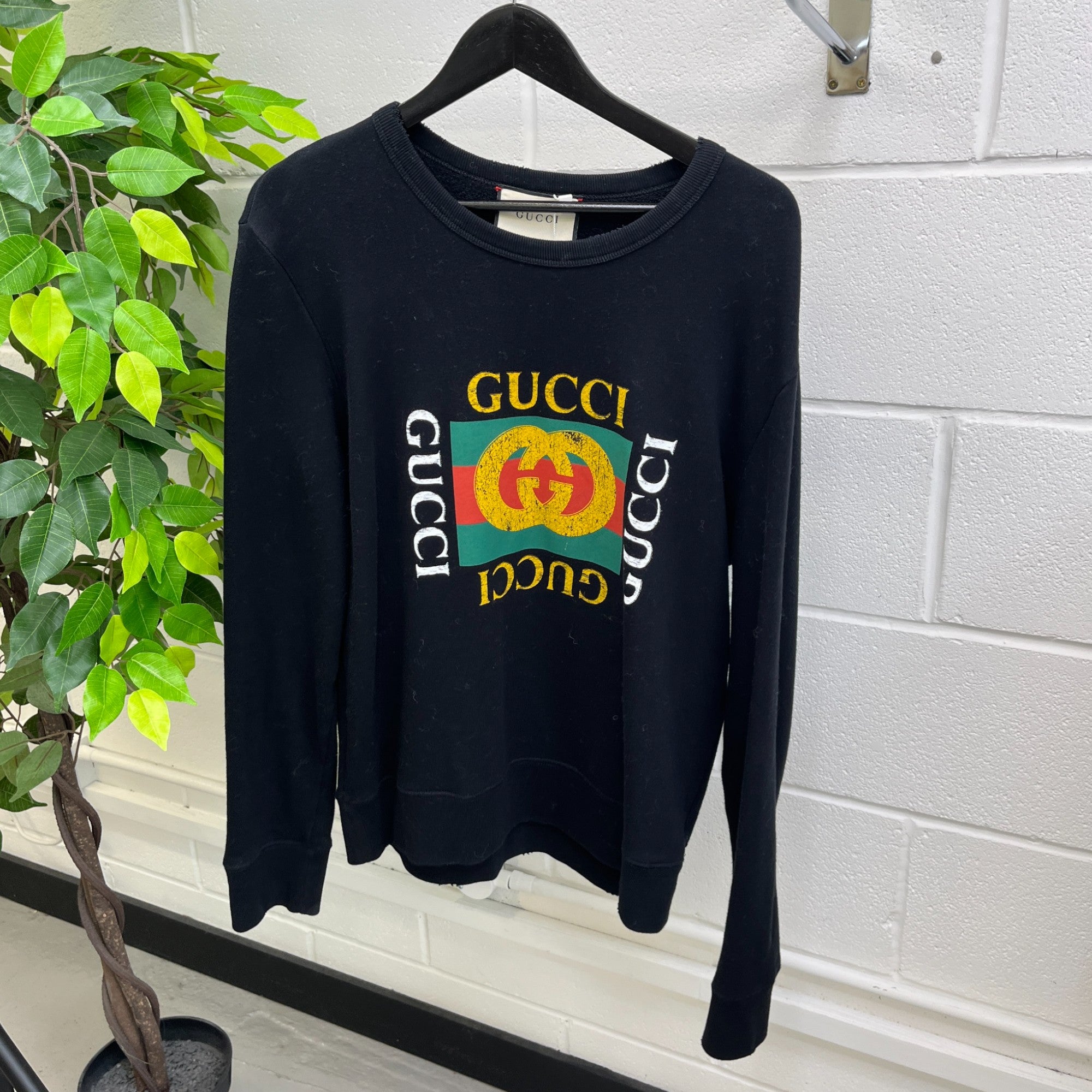 Men's Distressed Printed Logo Sweatshirt Black Size M