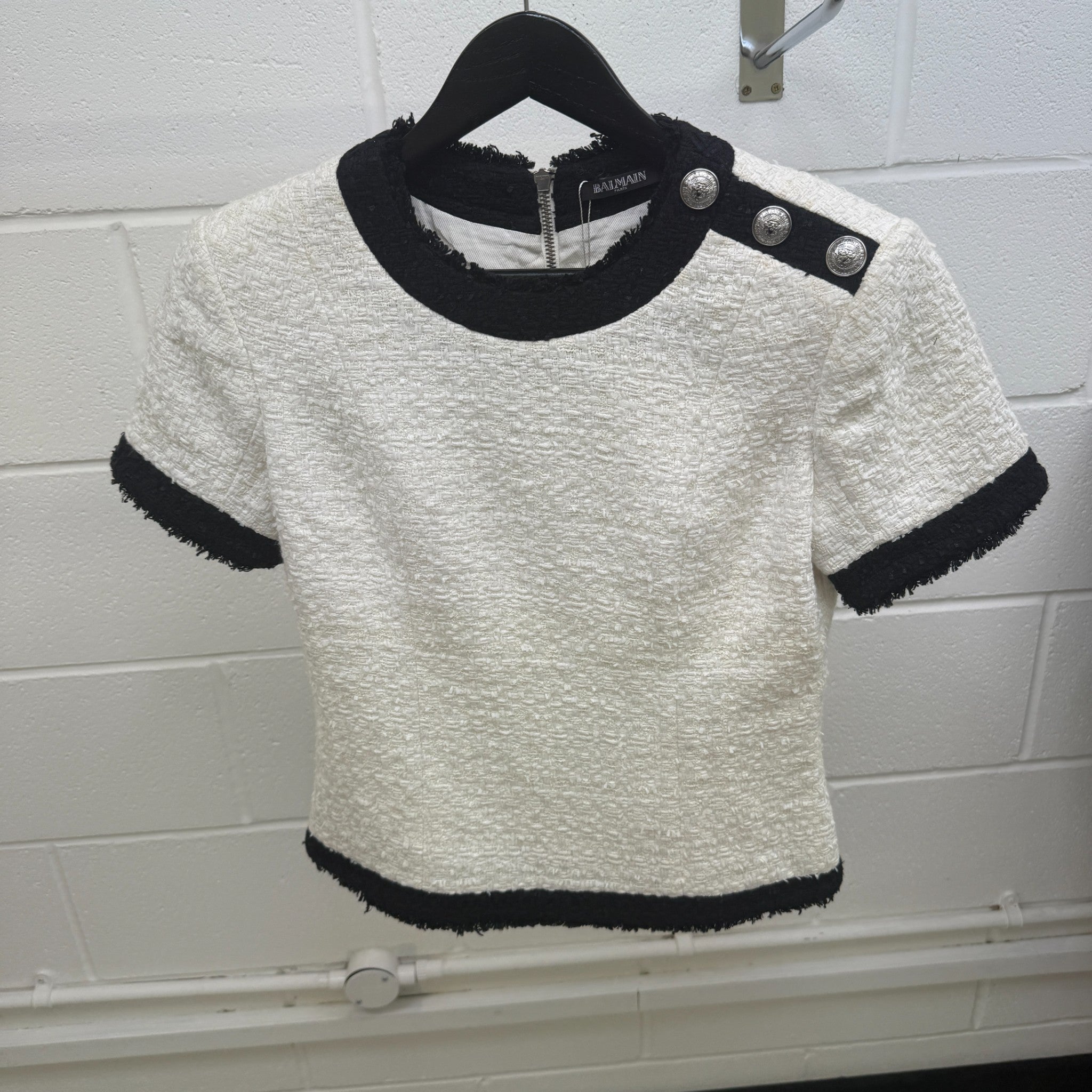 Women's Tweed Short Sleeve Size Fr 40 / Uk 12 Top White Size M