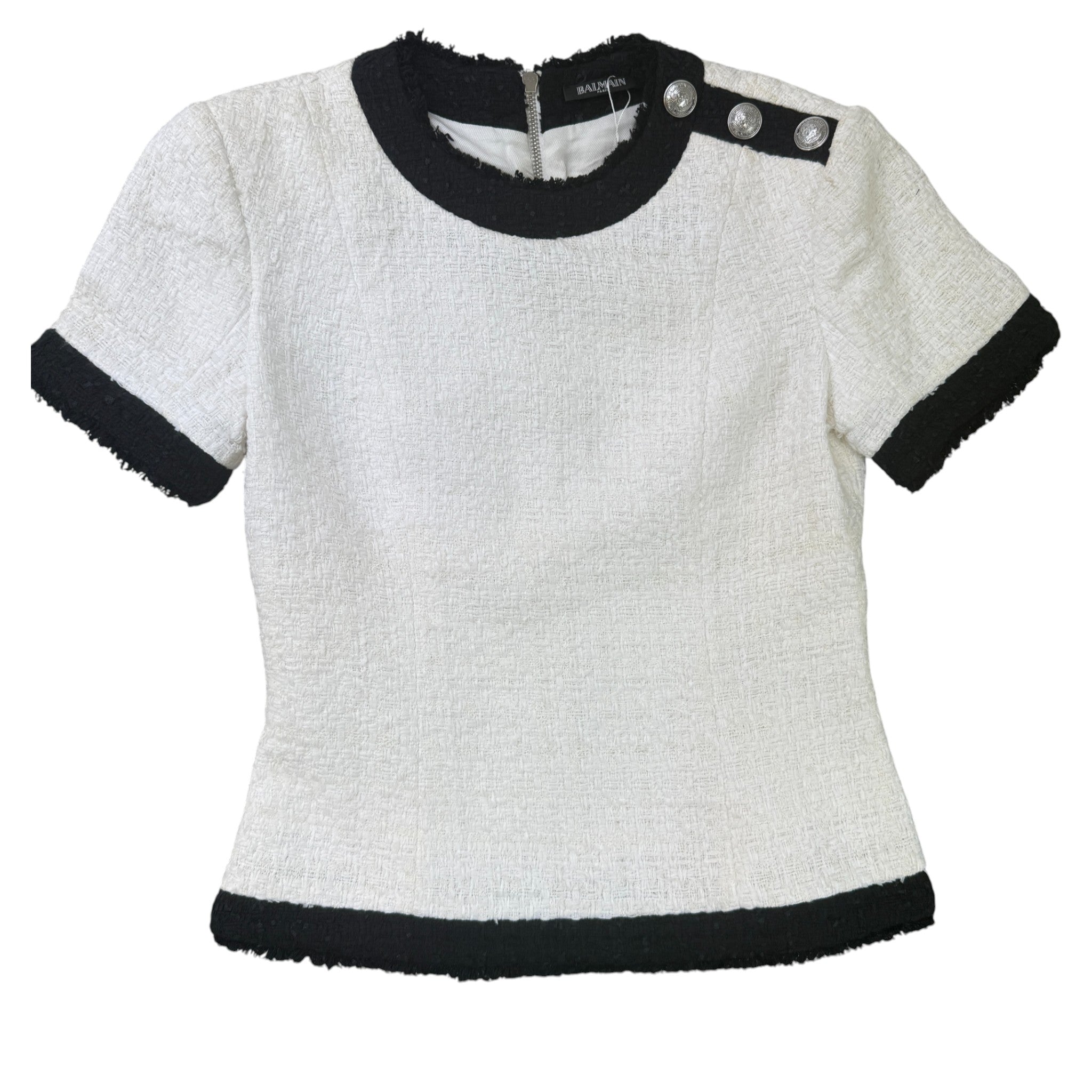 Women's Tweed Short Sleeve Size Fr 40 / Uk 12 Top White Size M