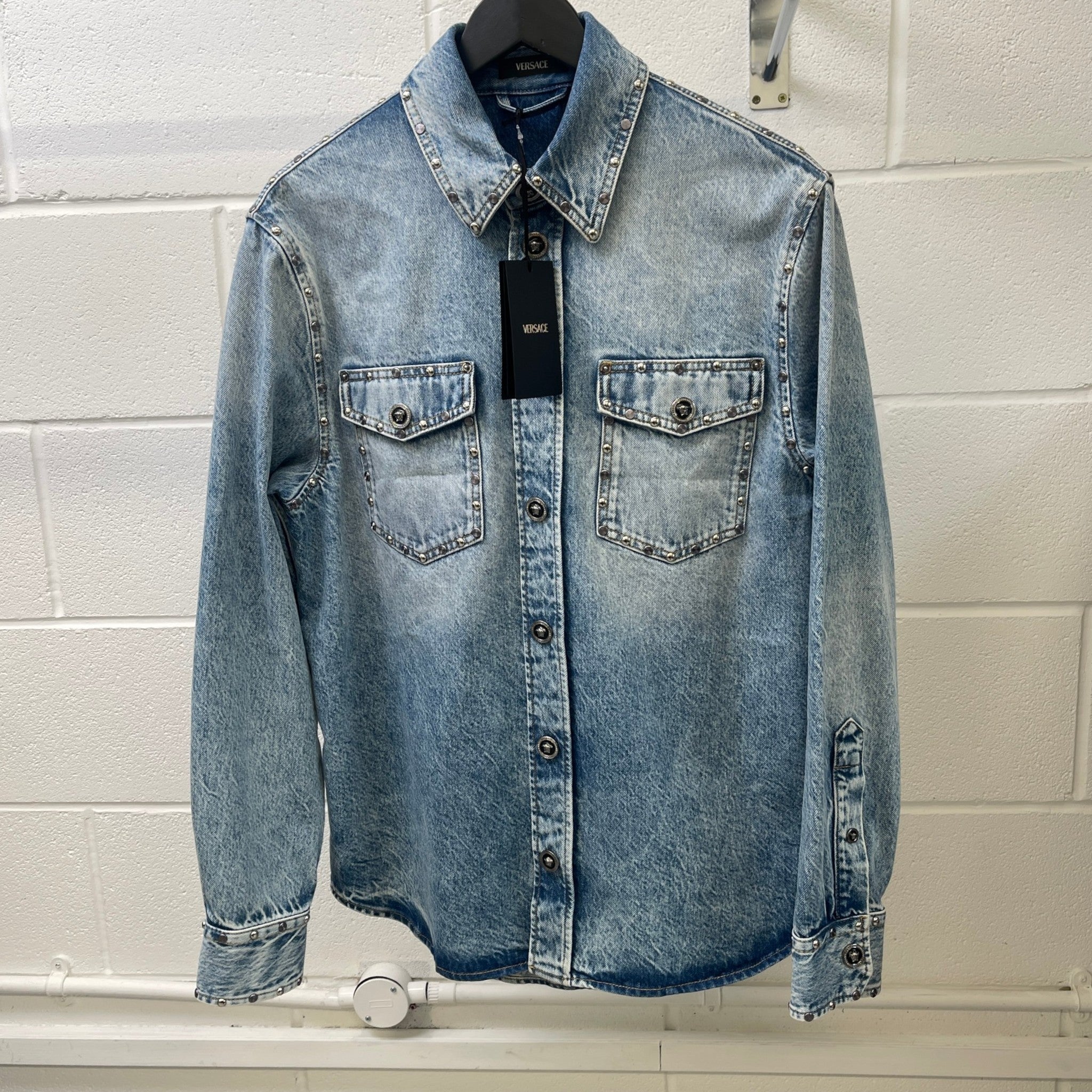 Men's Medusa Head Denim Long Sleeve Shirt Blue Size IT 46 / UK S