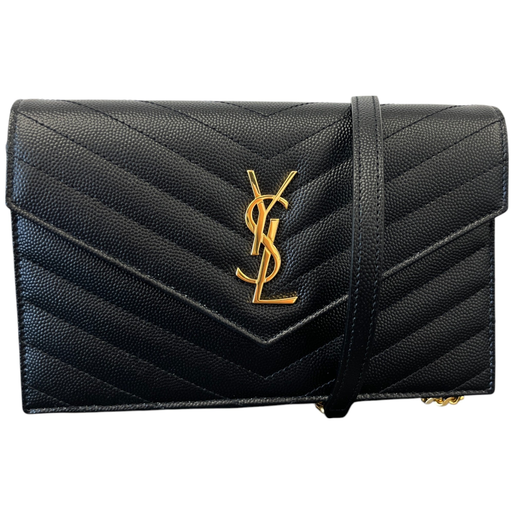 Women's Cassandre Envelope Chain Wallet Grain De Poudre Bag Black