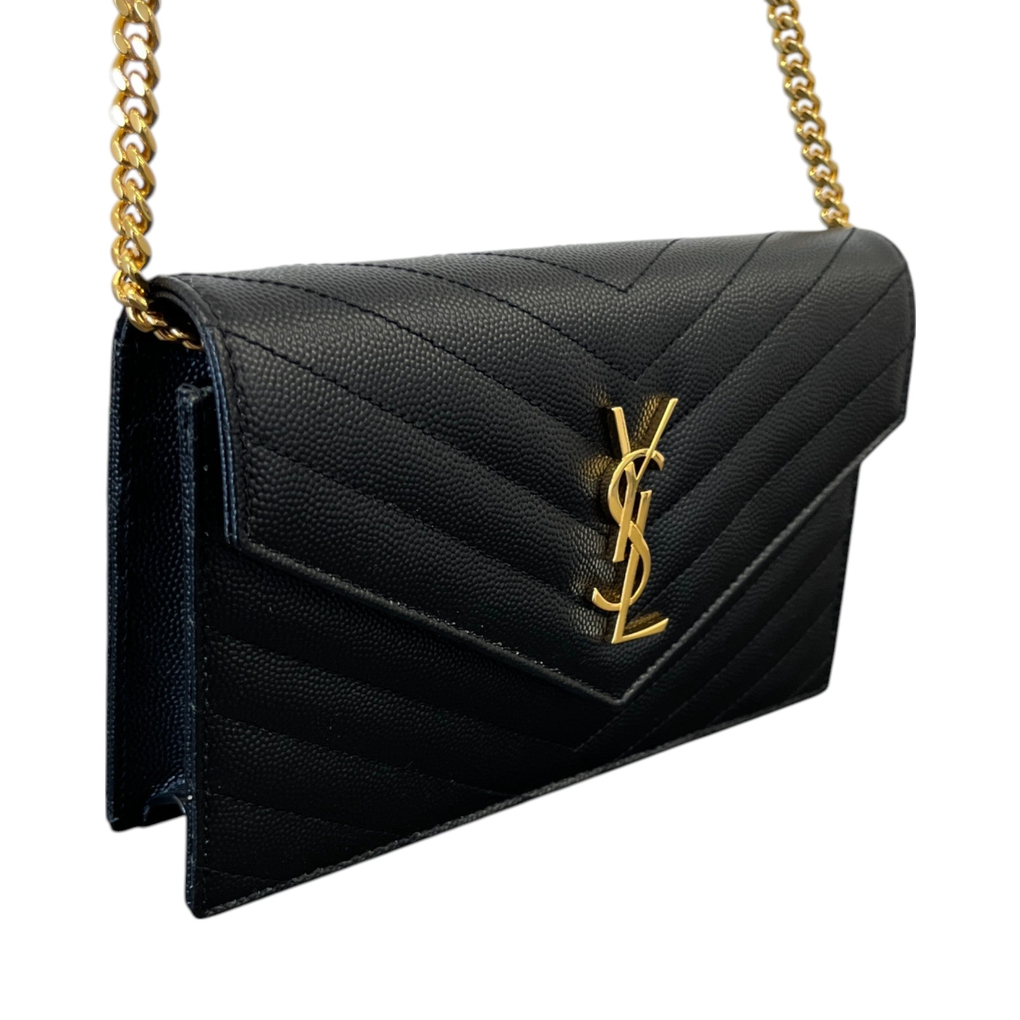 Women's Cassandre Envelope Chain Wallet Grain De Poudre Bag Black