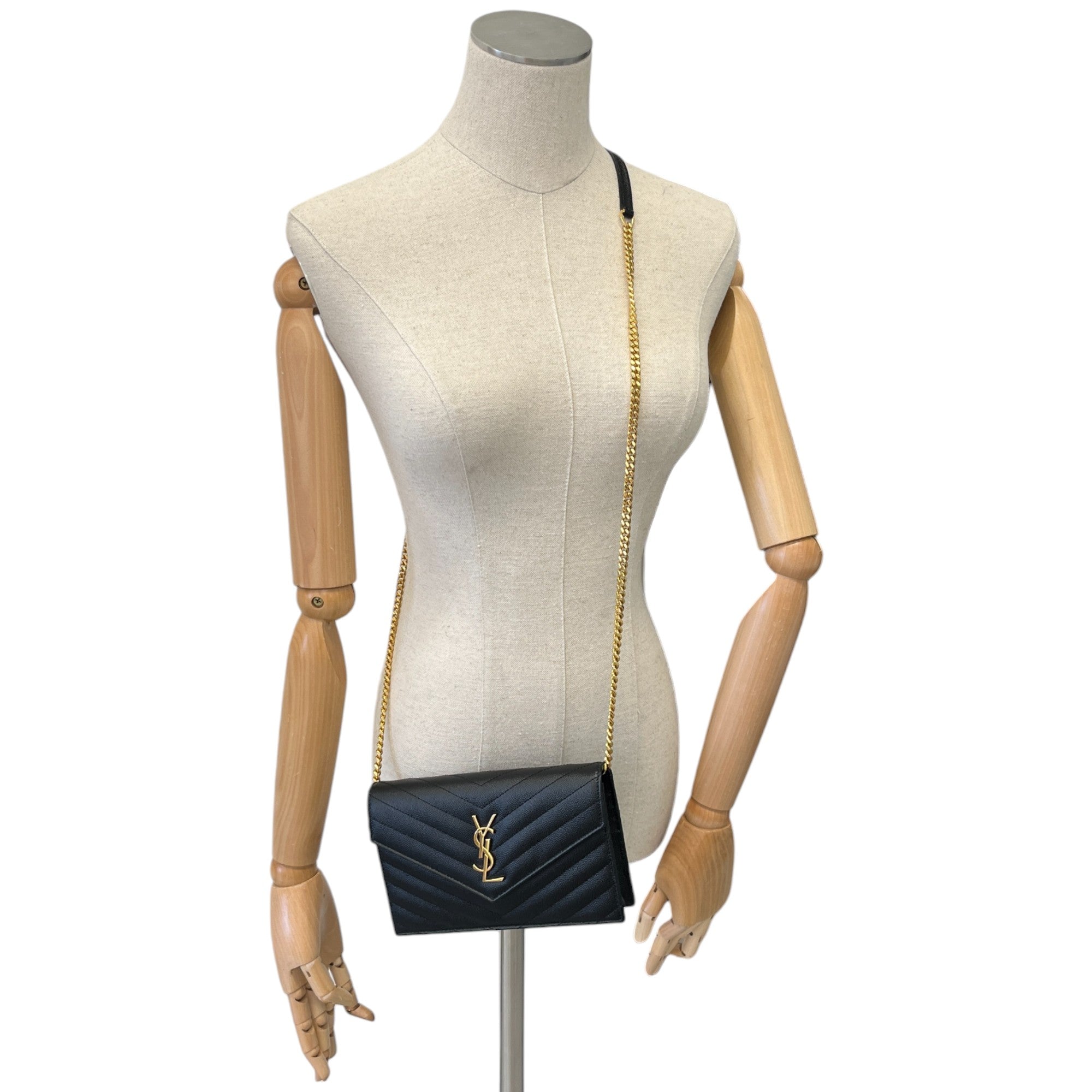 Women's Cassandre Envelope Chain Wallet Grain De Poudre Bag Black