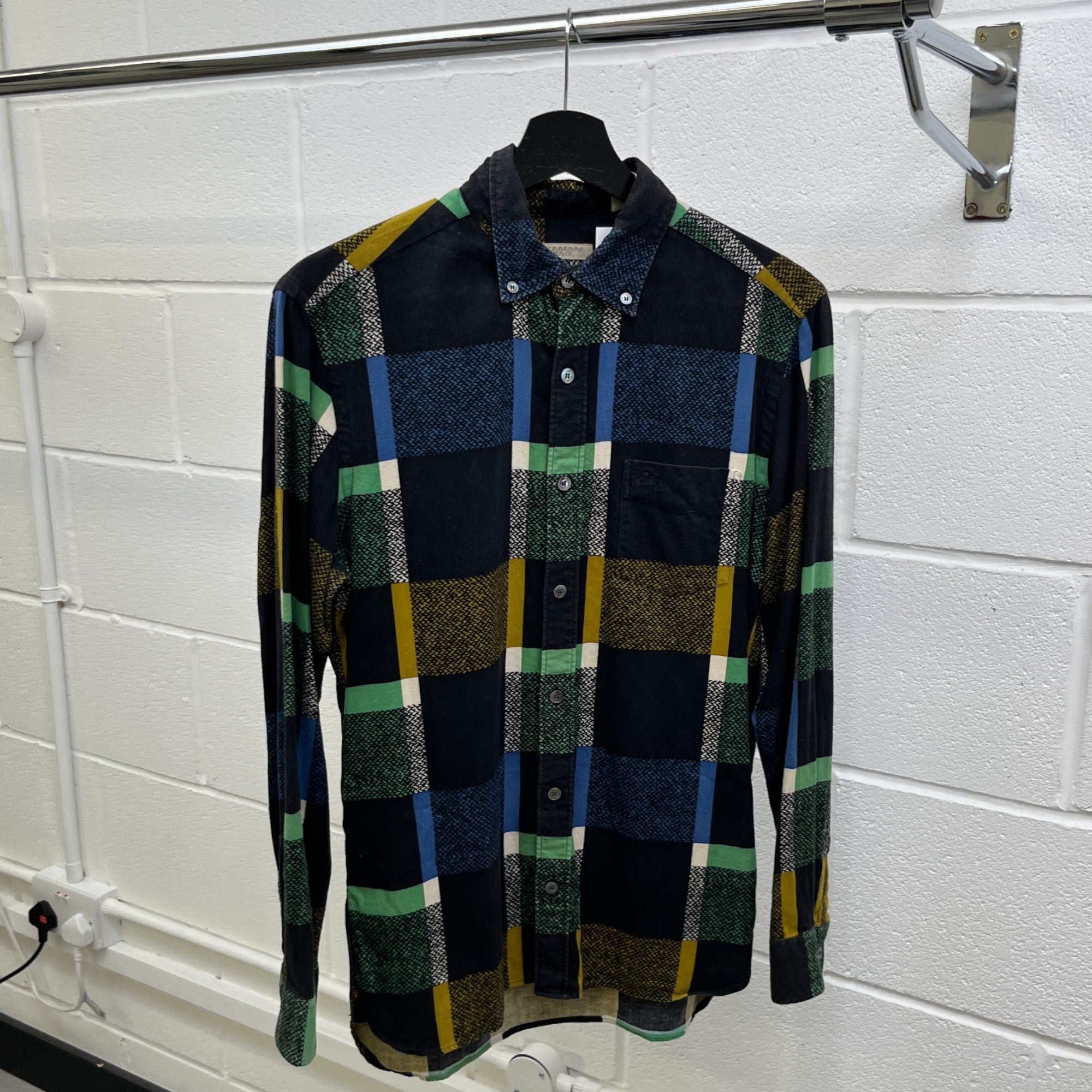 Men's Embroidered Logo Checkered Long Sleeve Shirt Black Size S