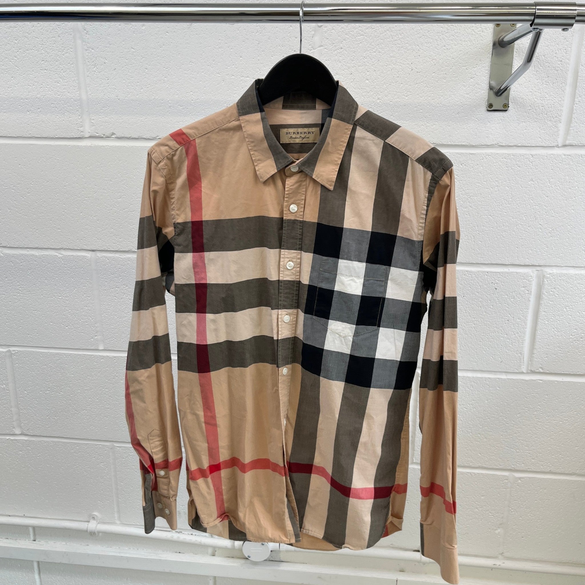 Men's Check Print Long Sleeve Shirt Beige Size L