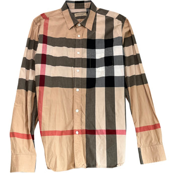 Men's Check Print Long Sleeve Shirt Beige Size L