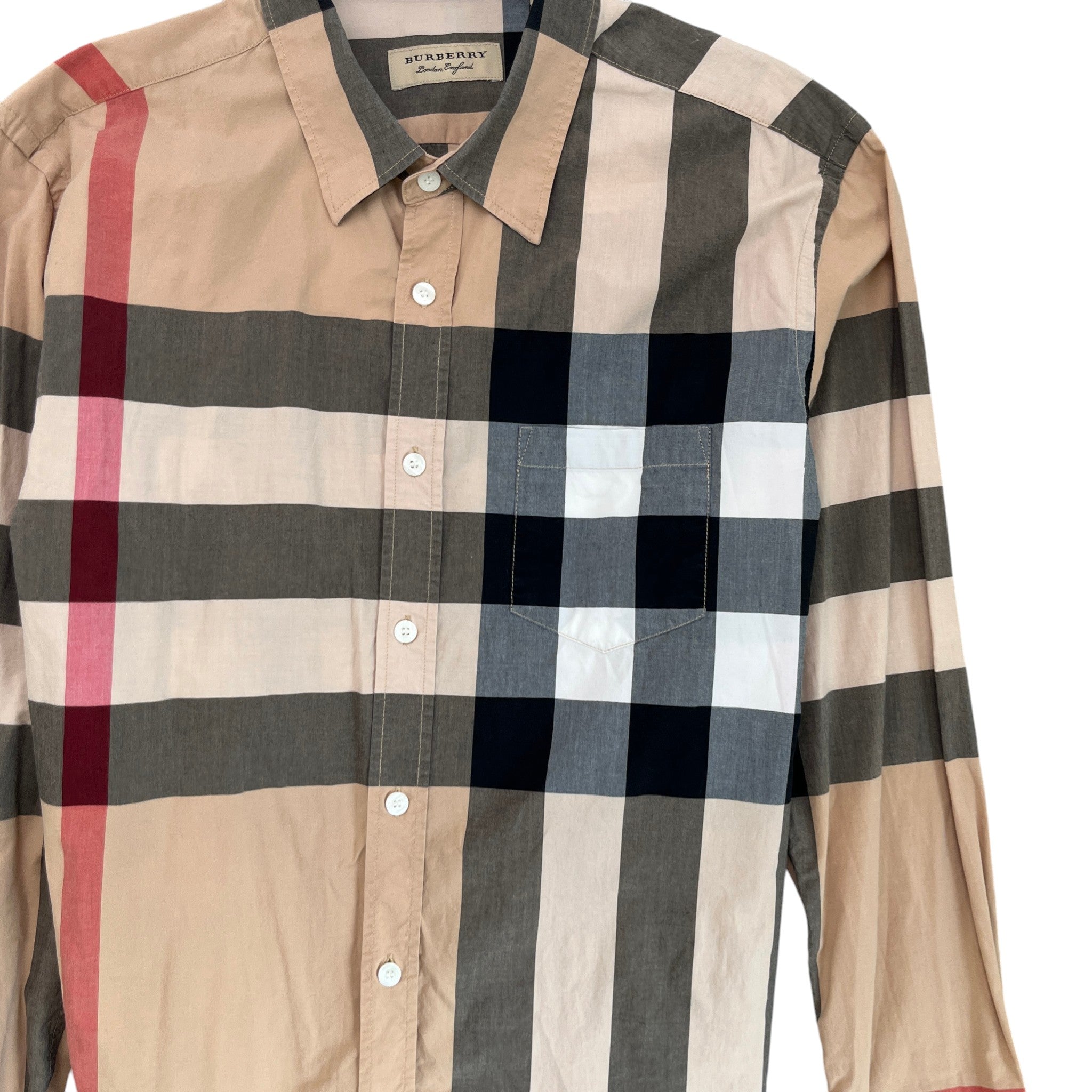 Men's Check Print Long Sleeve Shirt Beige Size L