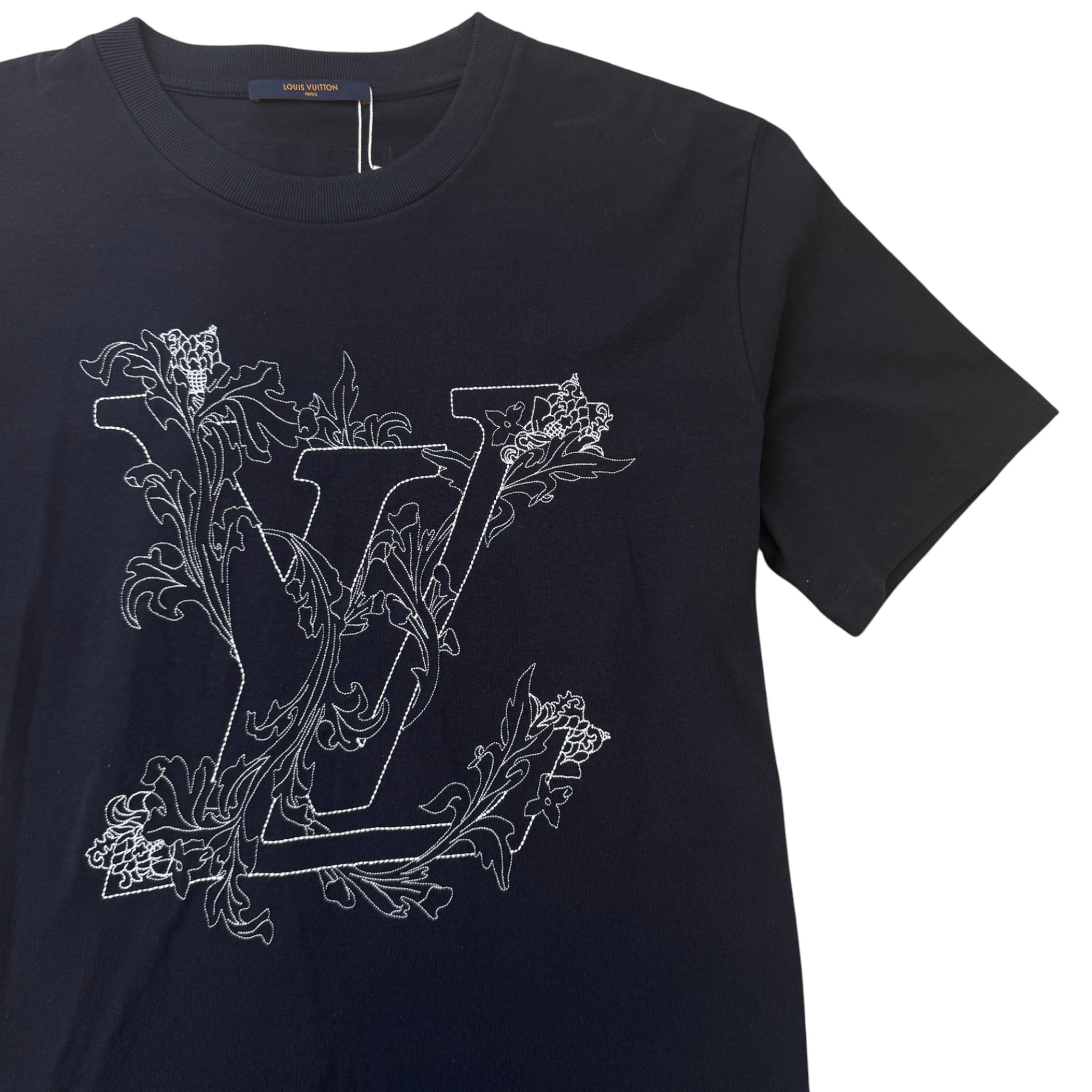 Men's Flower Embroidered Logo T-Shirt Navy Size XXL