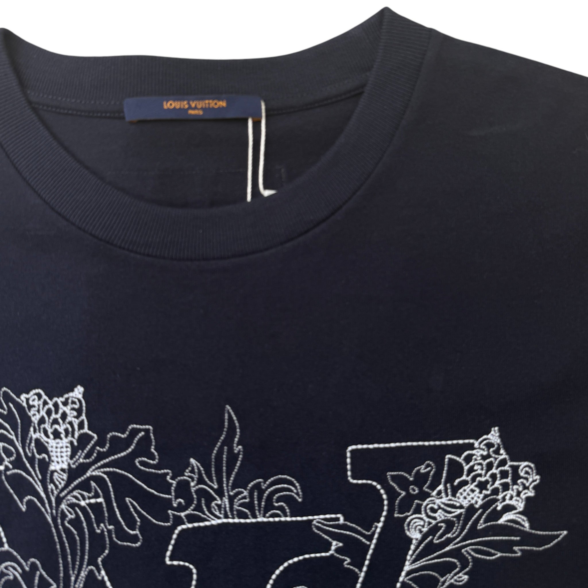 Men's Flower Embroidered Logo T-Shirt Navy Size XXL