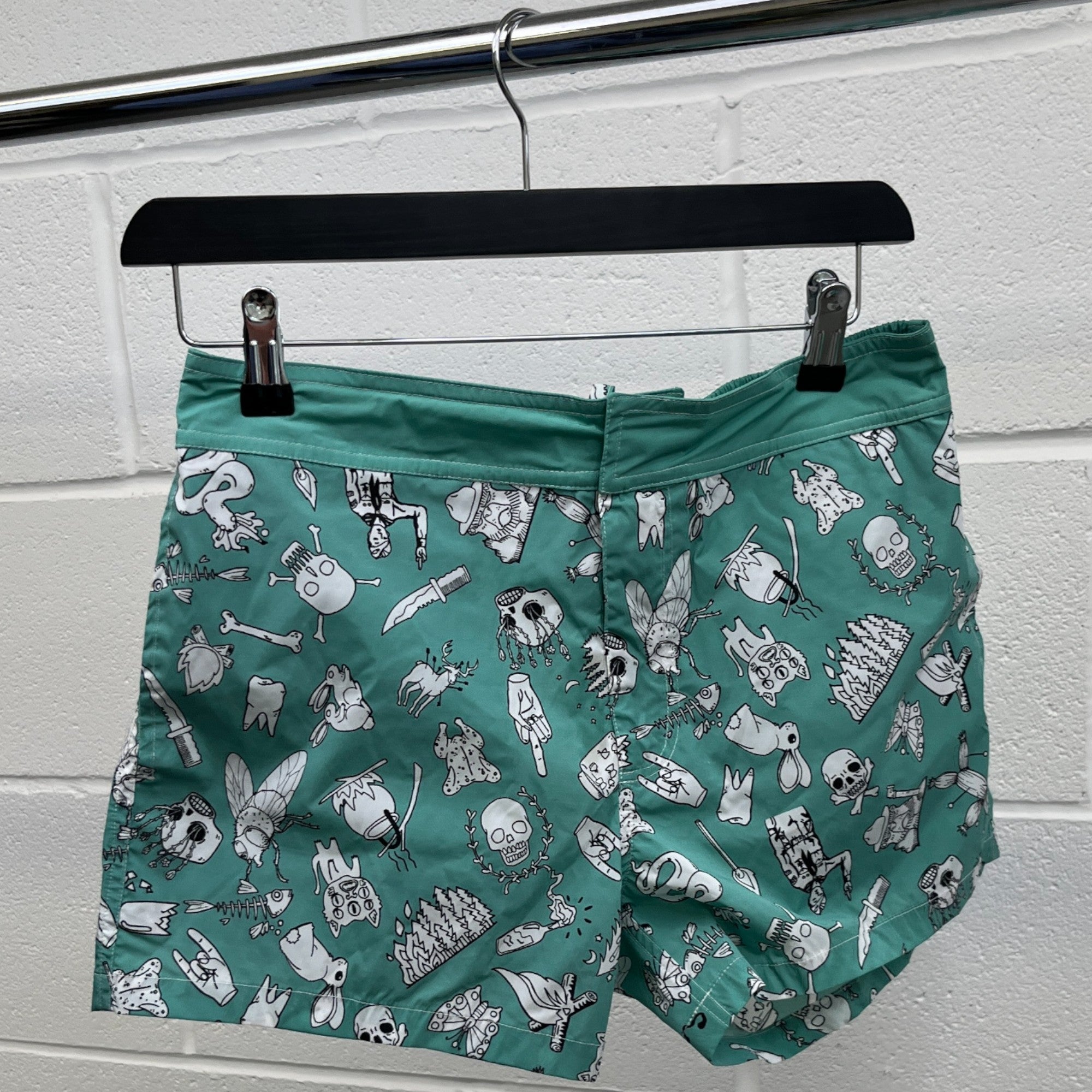 Men's Skull Graphic Print Swim Shorts Green Size W32 / IT 48