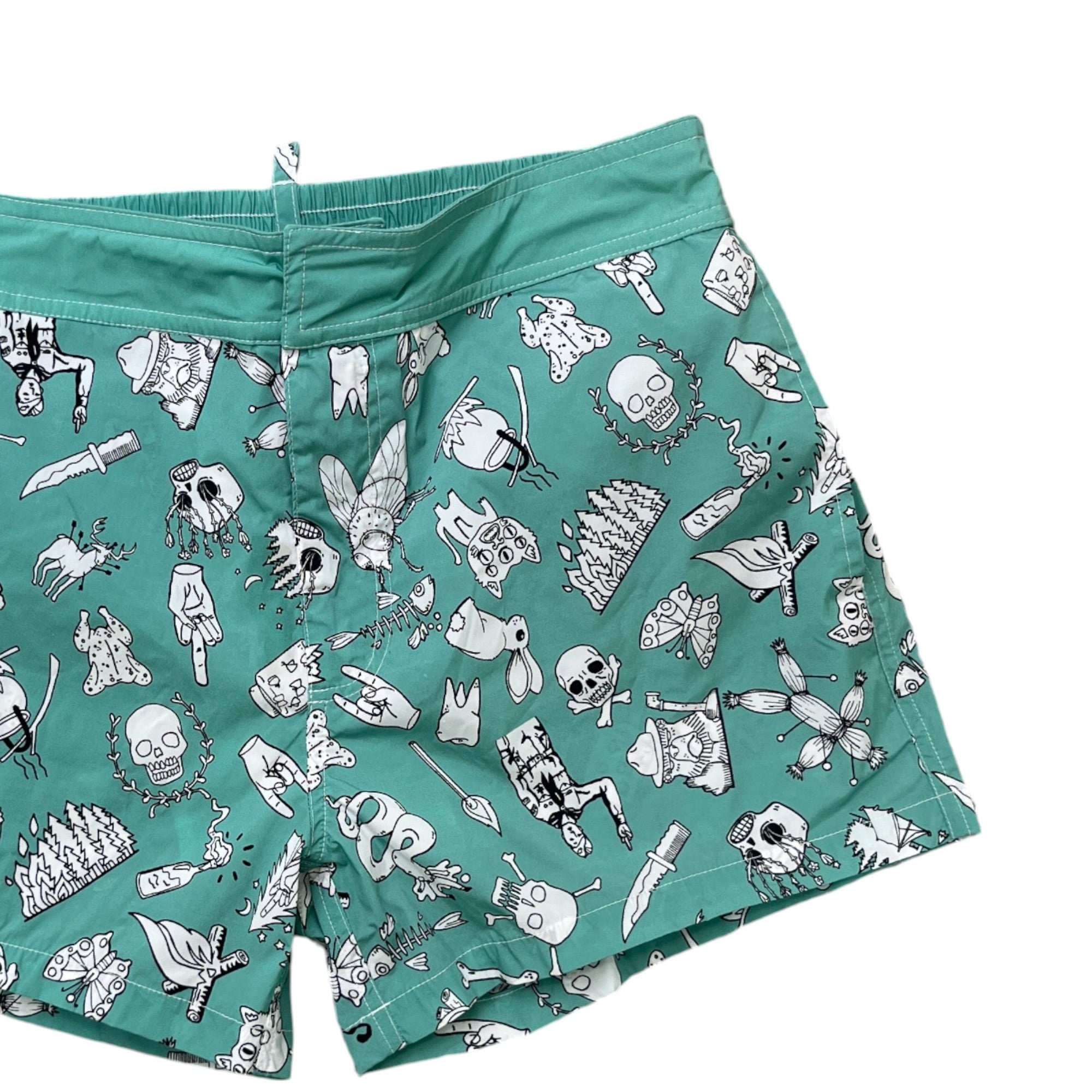 Men's Skull Graphic Print Swim Shorts Green Size W32 / IT 48
