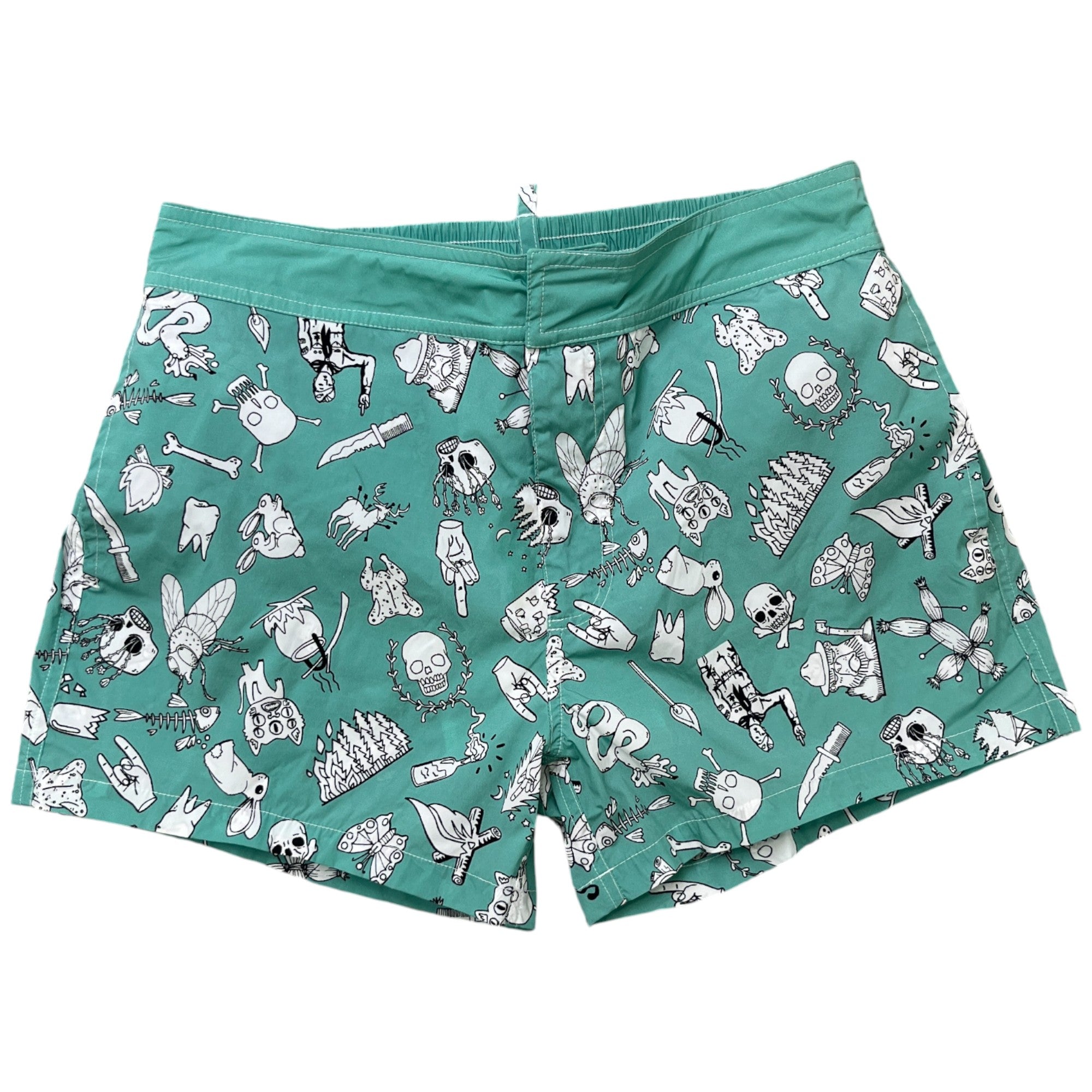 Men's Skull Graphic Print Swim Shorts Green Size W32 / IT 48