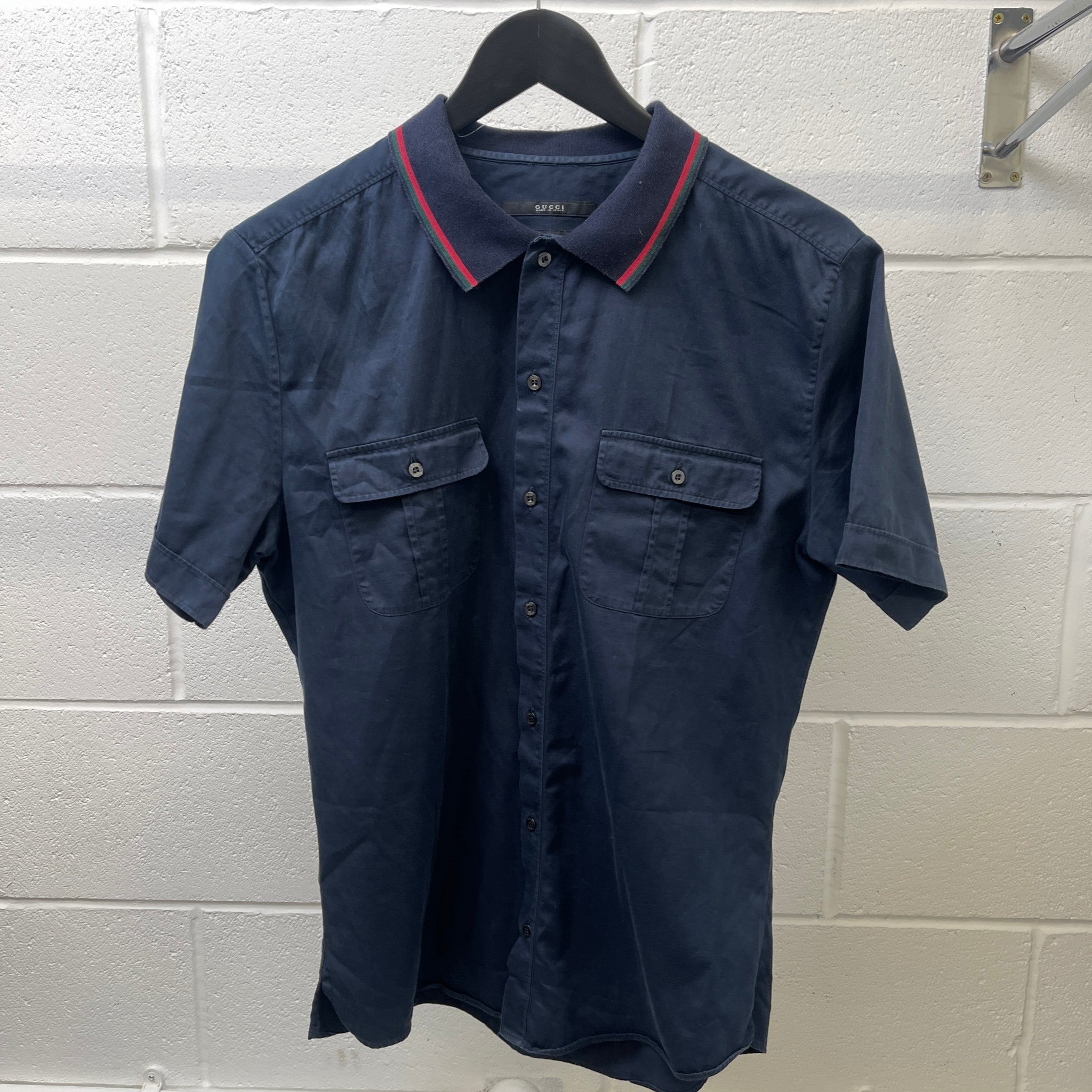 Men's Web Stripe Collar Short Sleeve Shirt Navy Size L