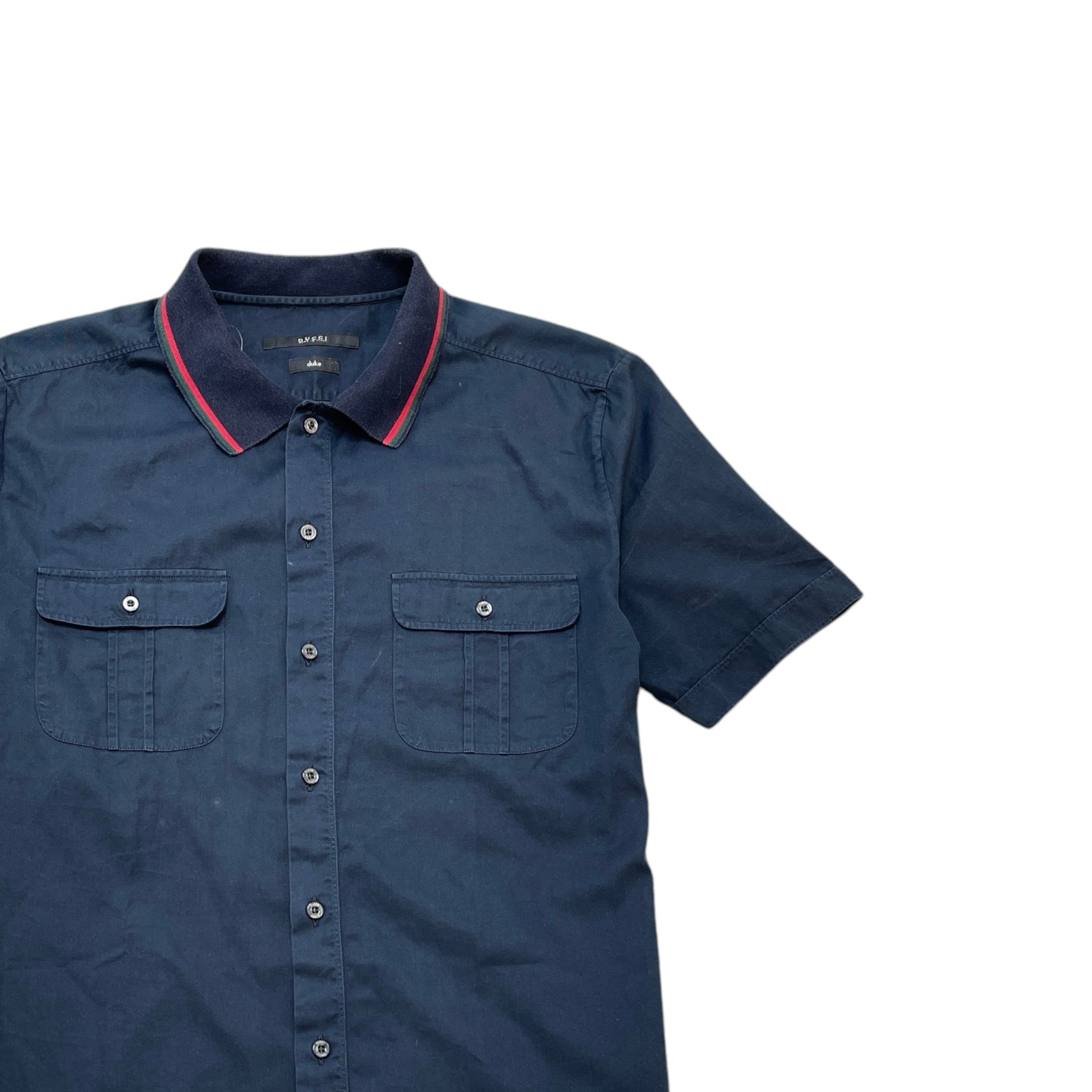 Men's Web Stripe Collar Short Sleeve Shirt Navy Size L