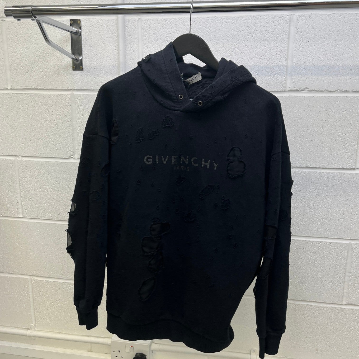 Men's Distressed Logo Hoodie Black Size M