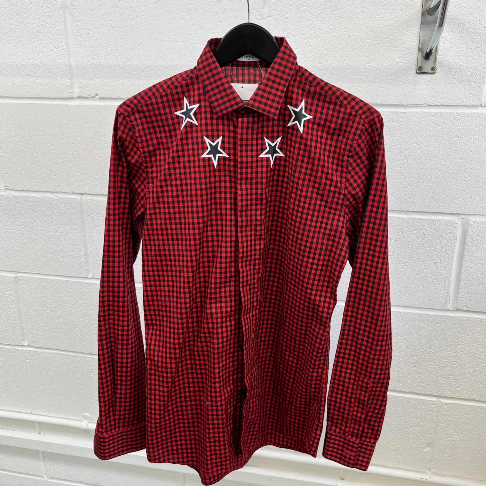 Men's Star-Print Gingham Long Sleeve Shirt Red Size S