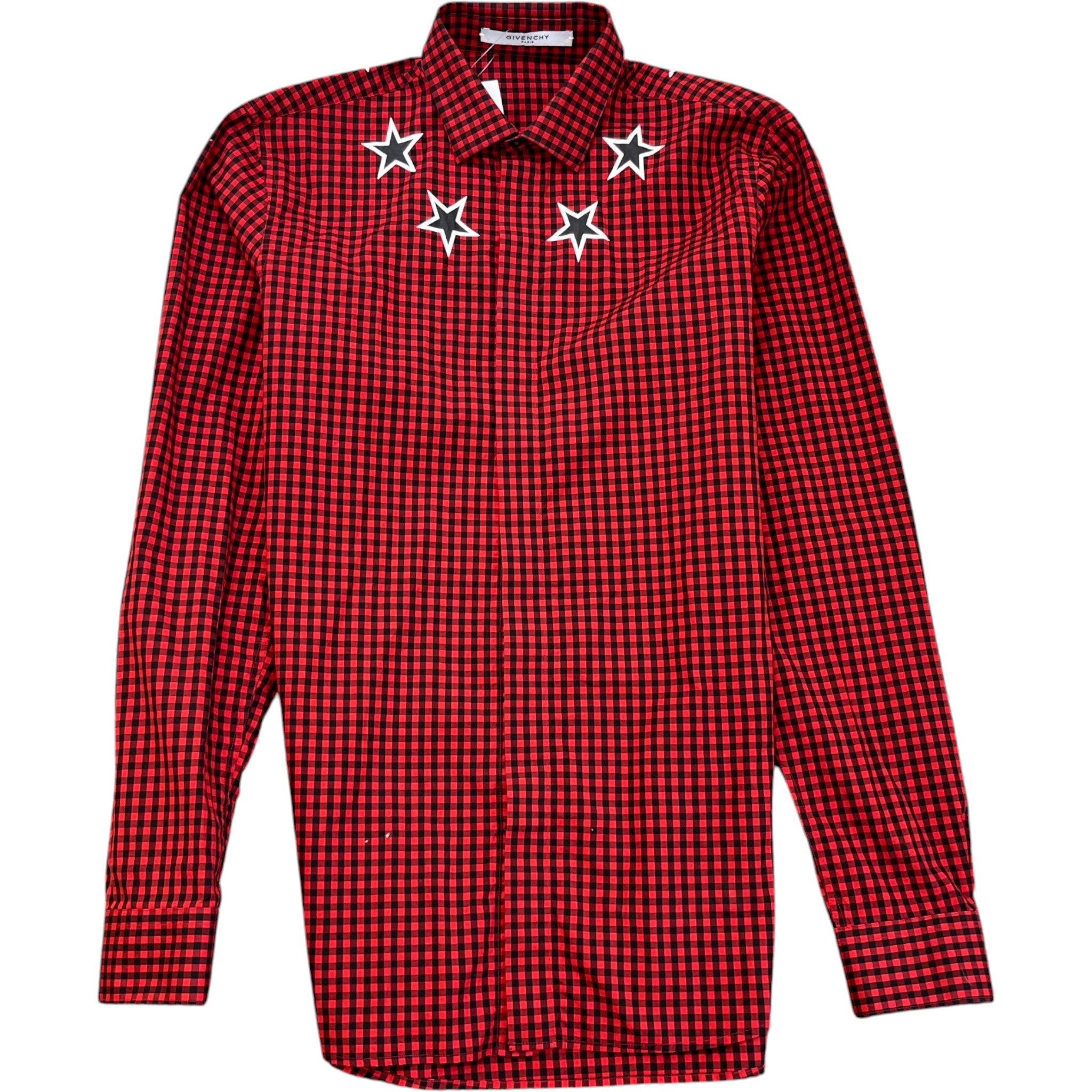 Men's Star-Print Gingham Long Sleeve Shirt Red Size S