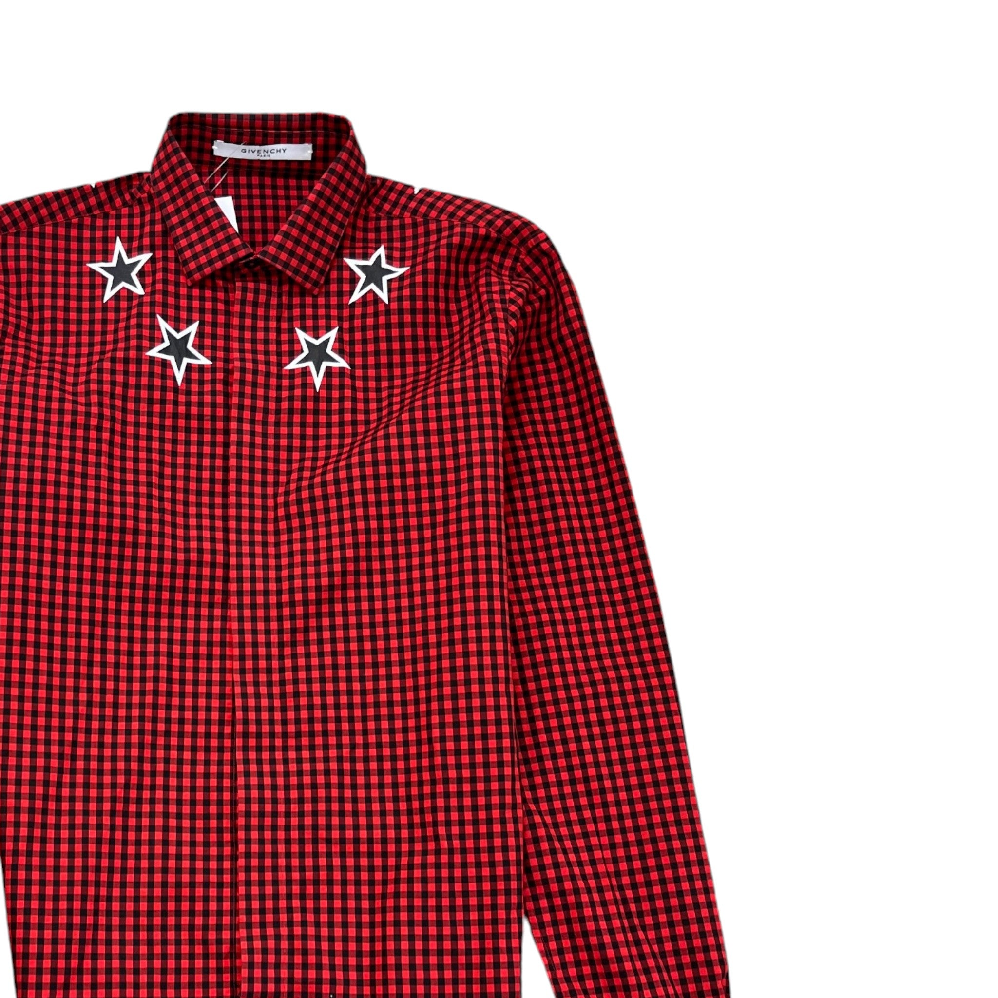 Men's Star-Print Gingham Long Sleeve Shirt Red Size S