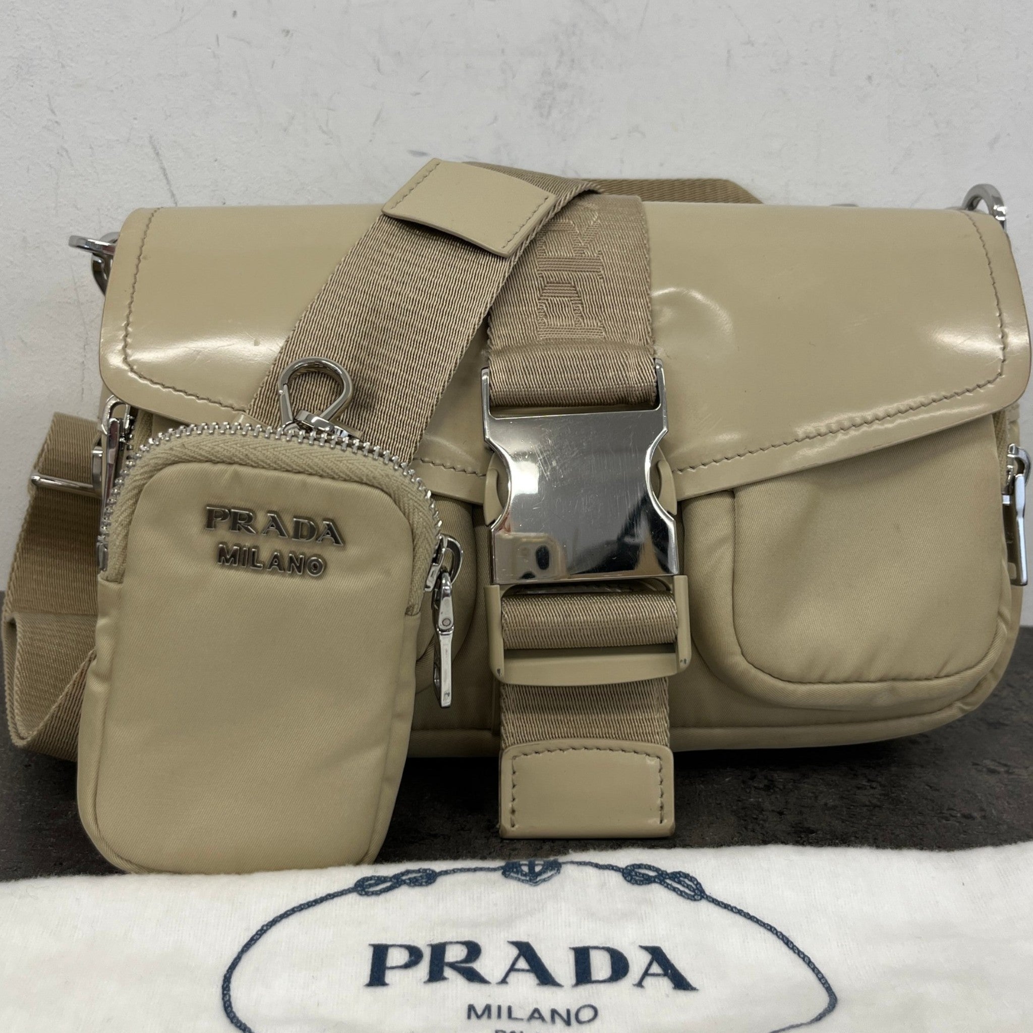 Women's Re-Nylon Spazzolato Double Pocket Bag Beige