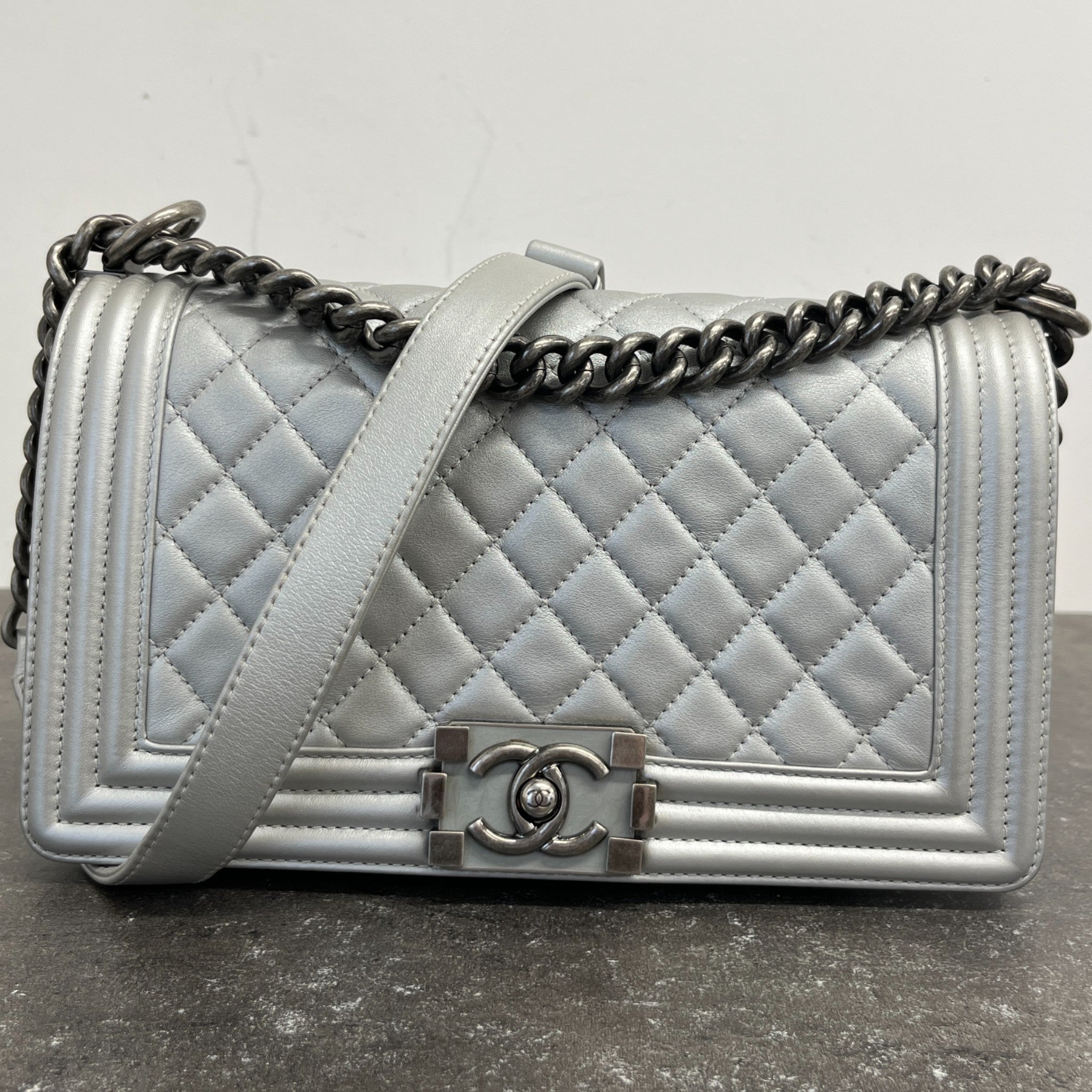 Women's Metallic Lambskin Medium Boy Bag Silver