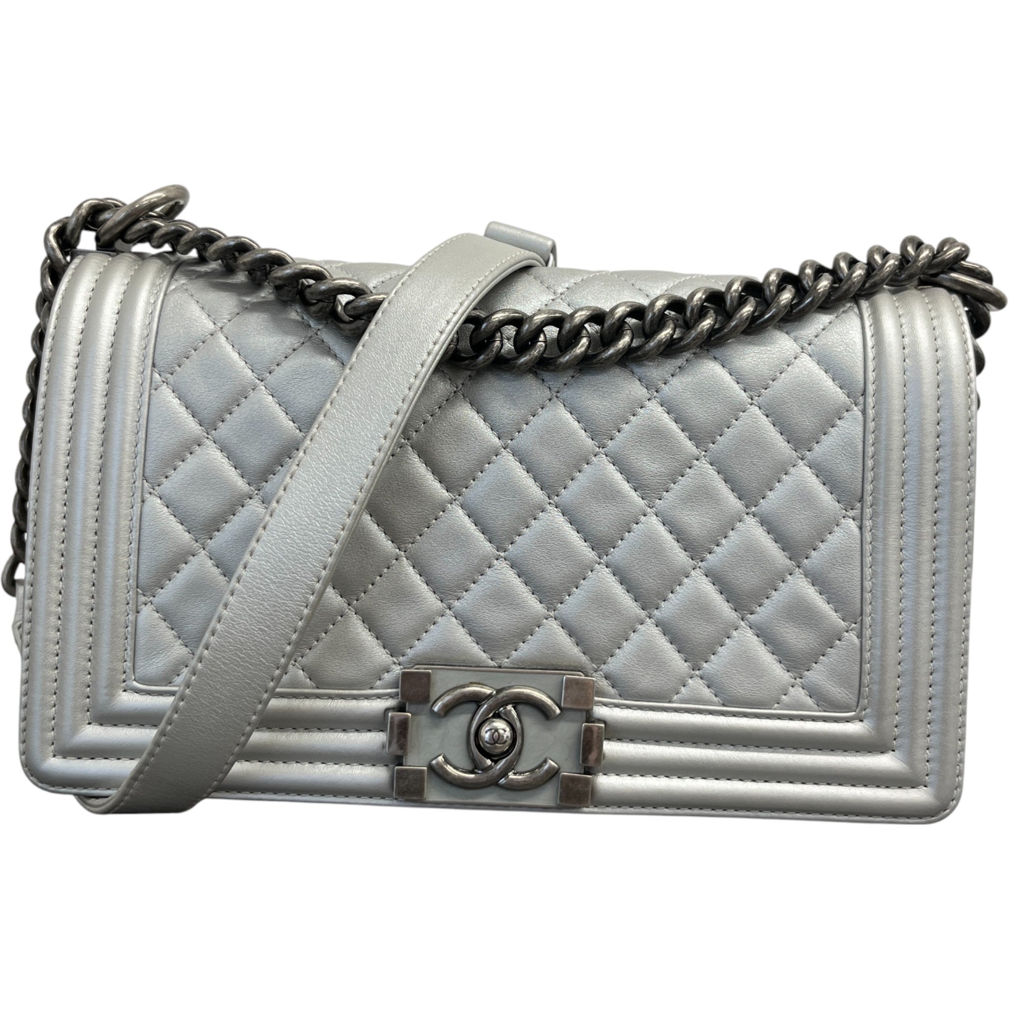 Women's Metallic Lambskin Medium Boy Bag Silver
