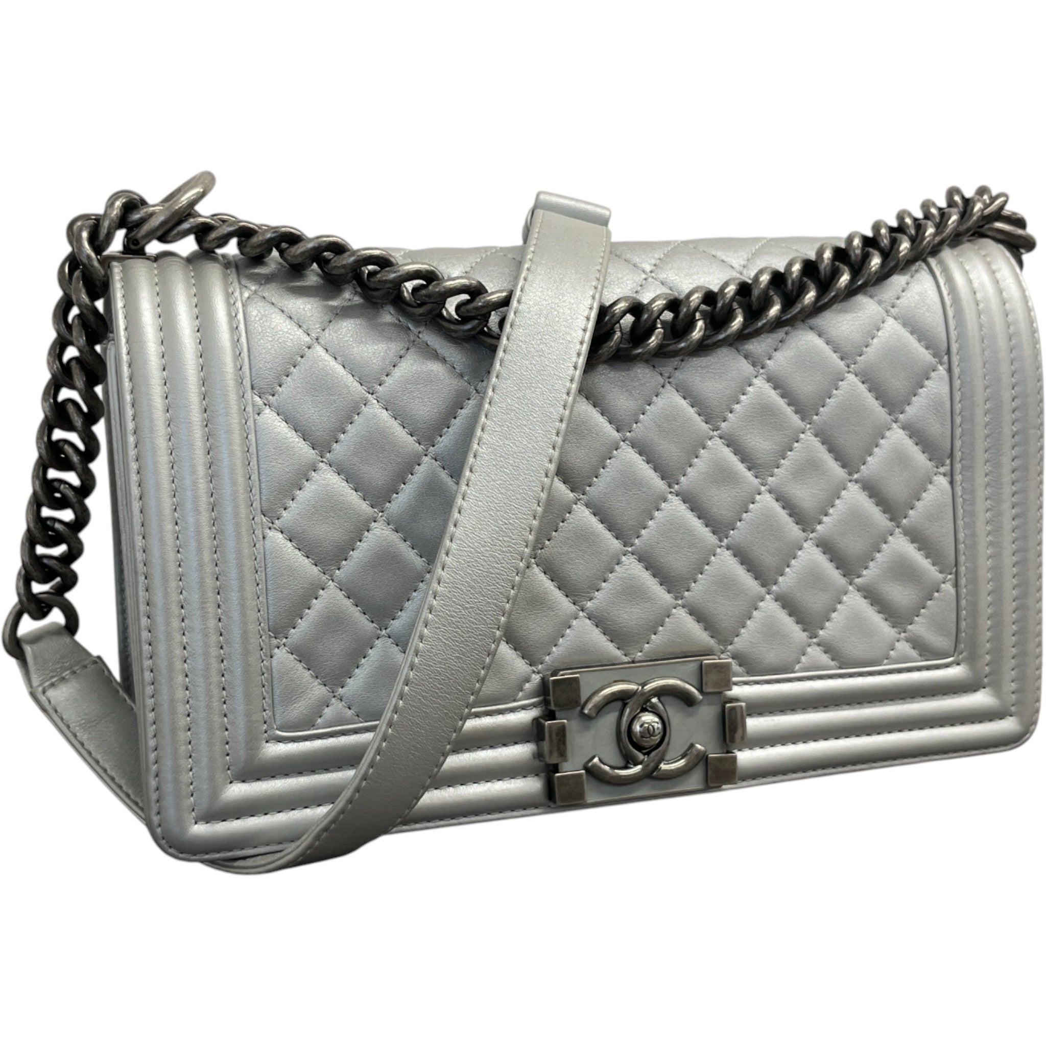 Women's Metallic Lambskin Medium Boy Bag Silver