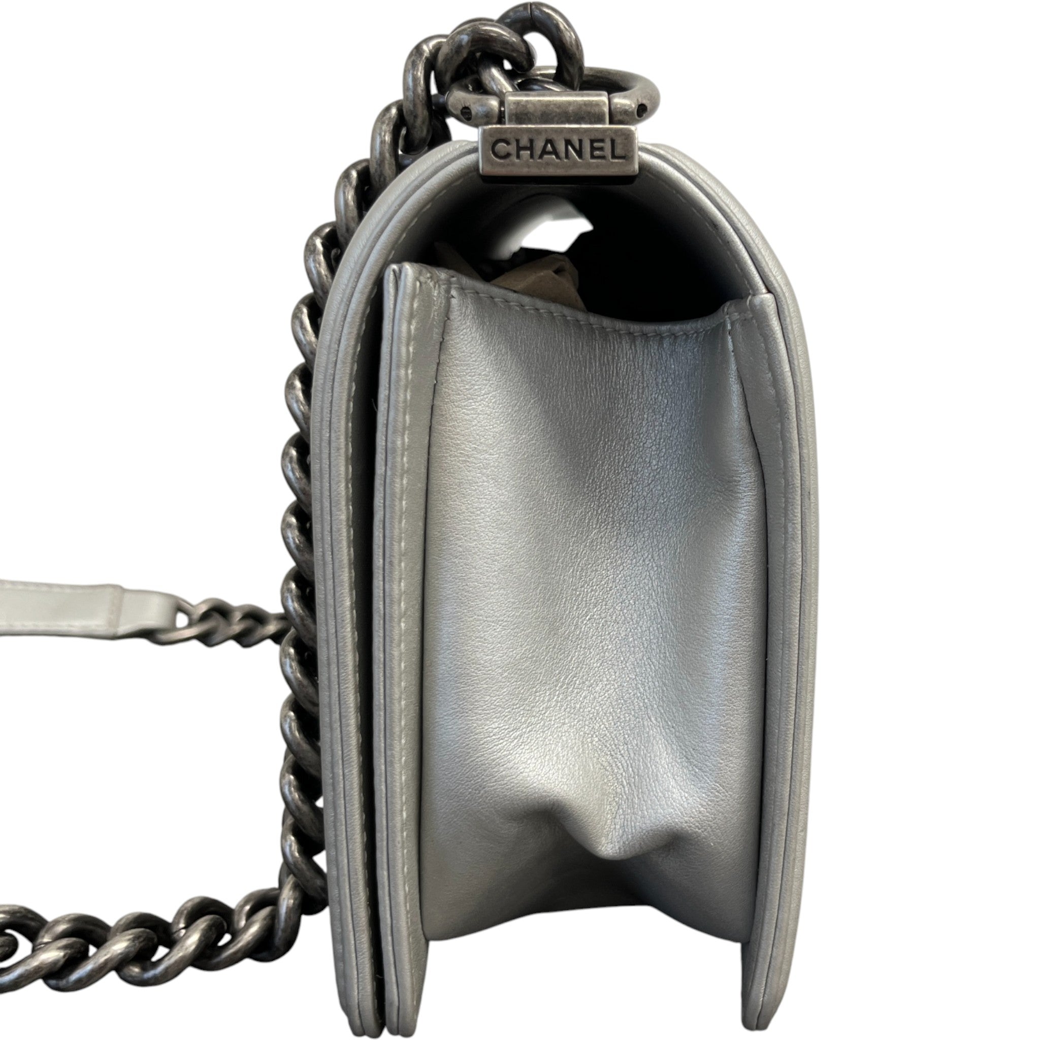 Women's Metallic Lambskin Medium Boy Bag Silver