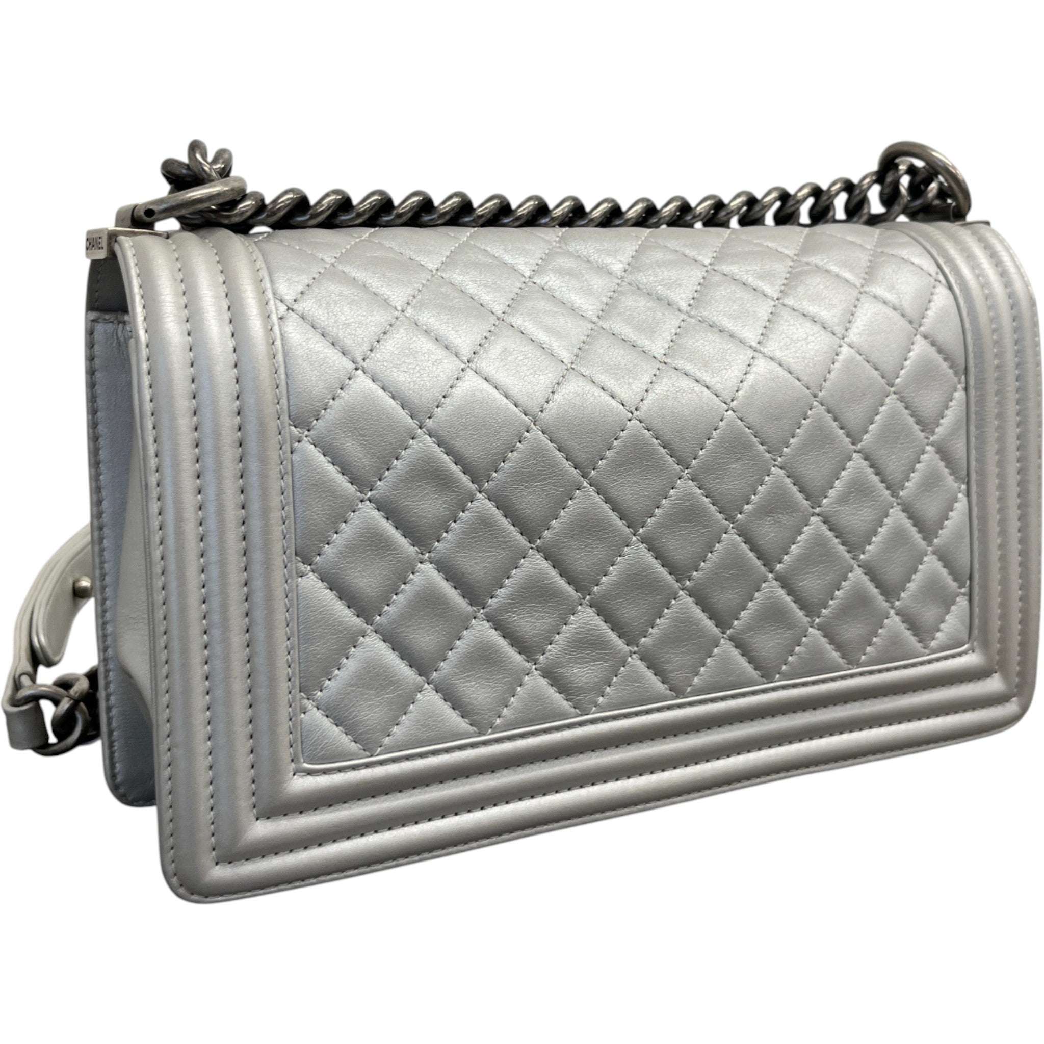 Women's Metallic Lambskin Medium Boy Bag Silver