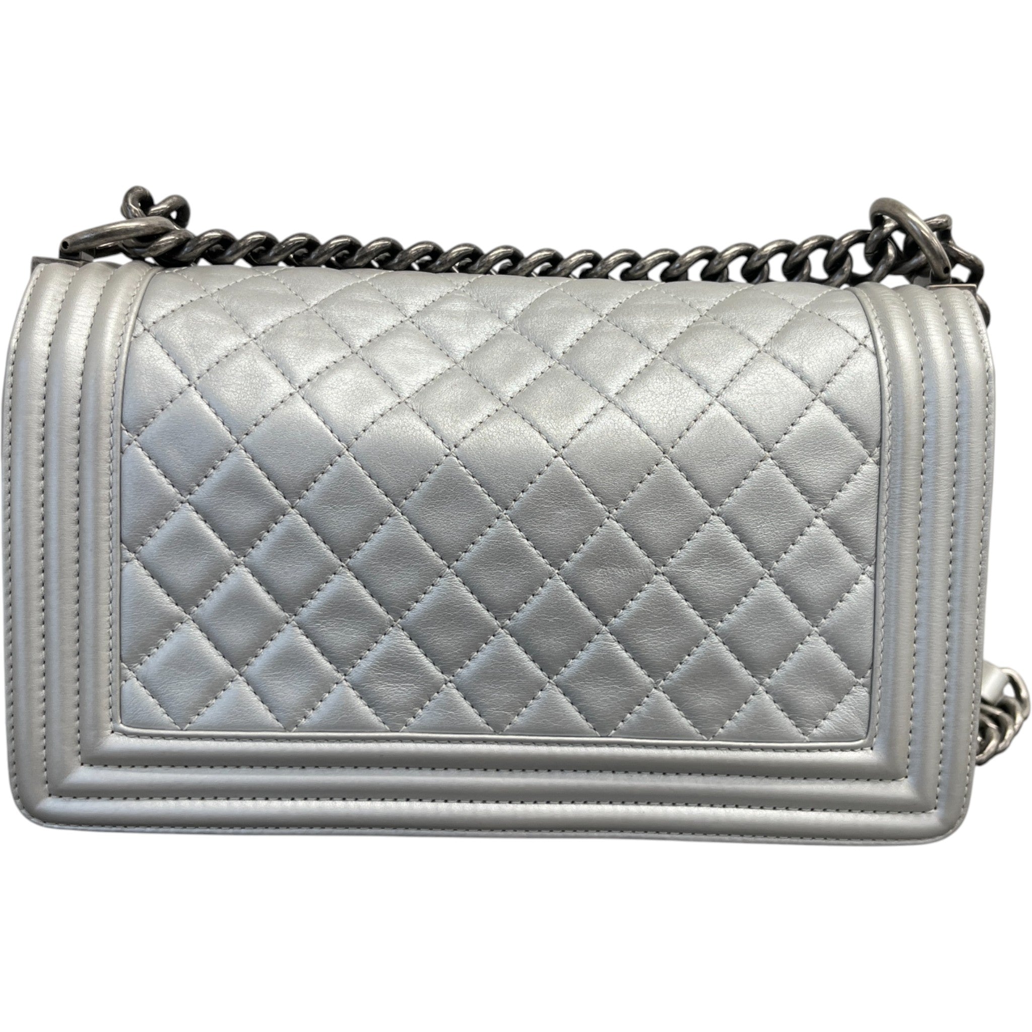 Women's Metallic Lambskin Medium Boy Bag Silver