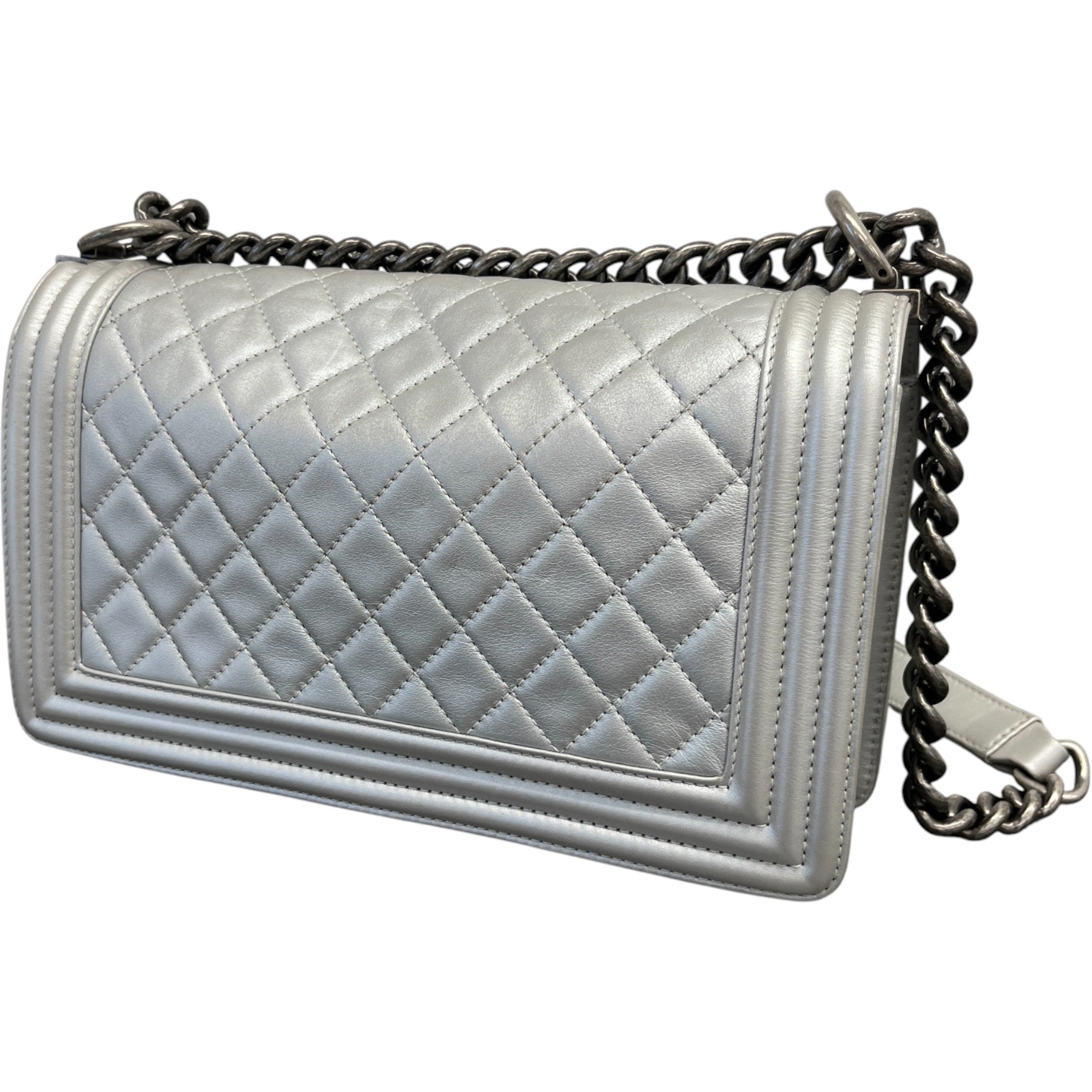 Women's Metallic Lambskin Medium Boy Bag Silver