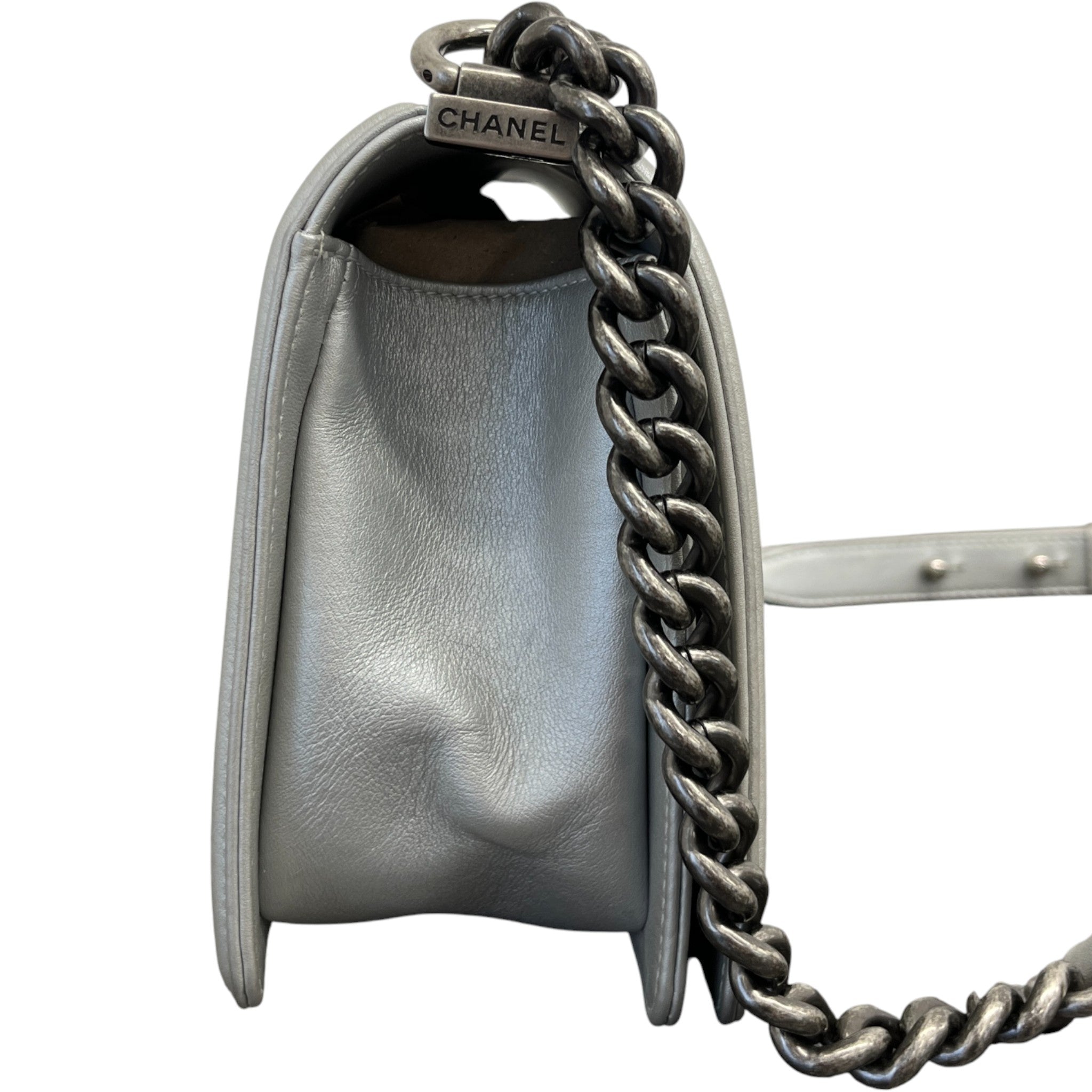 Women's Metallic Lambskin Medium Boy Bag Silver