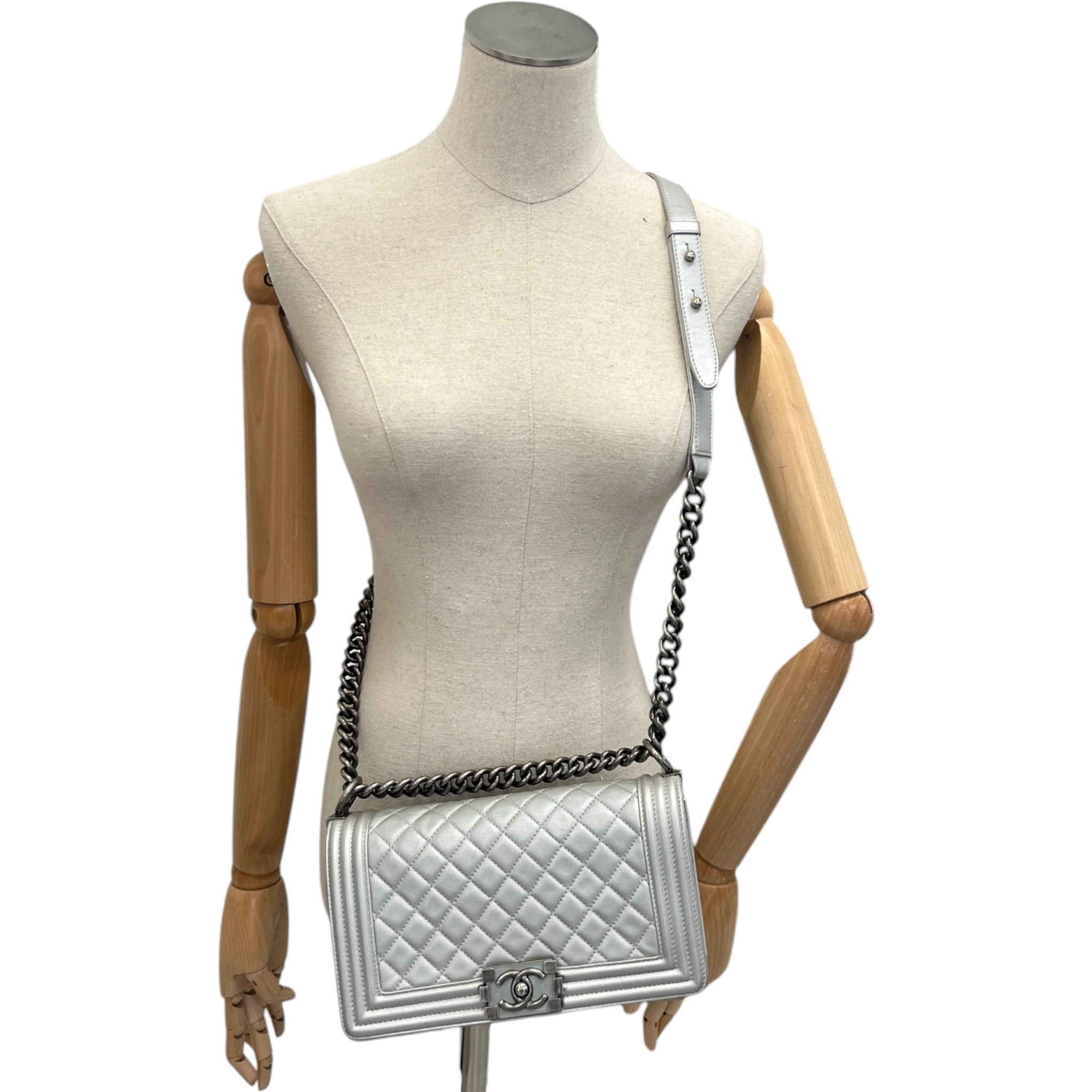 Women's Metallic Lambskin Medium Boy Bag Silver