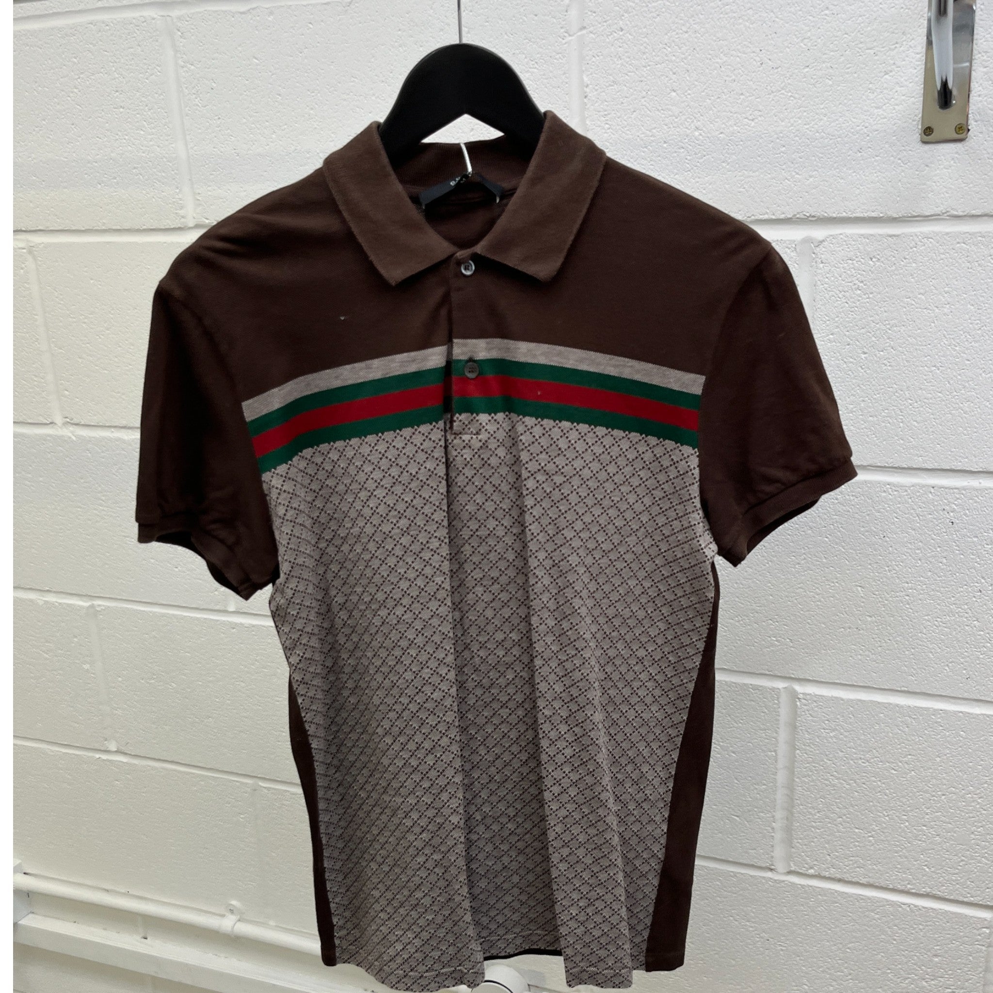 Men's Web Stripe Polo Shirt Brown Size M
