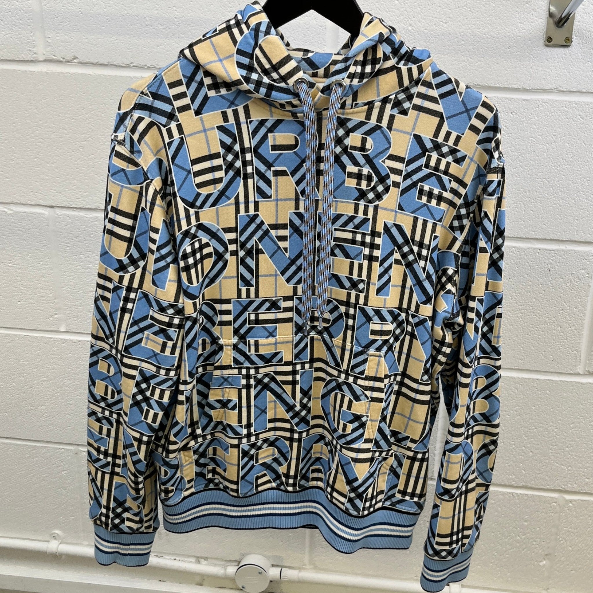 Men's Vintage Check Logo Print Hoodie Blue Size M