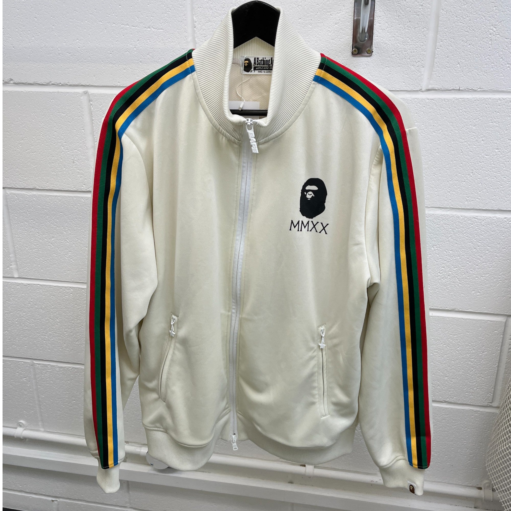 Men's Logo Print Striped Track Jacket Cream Size L