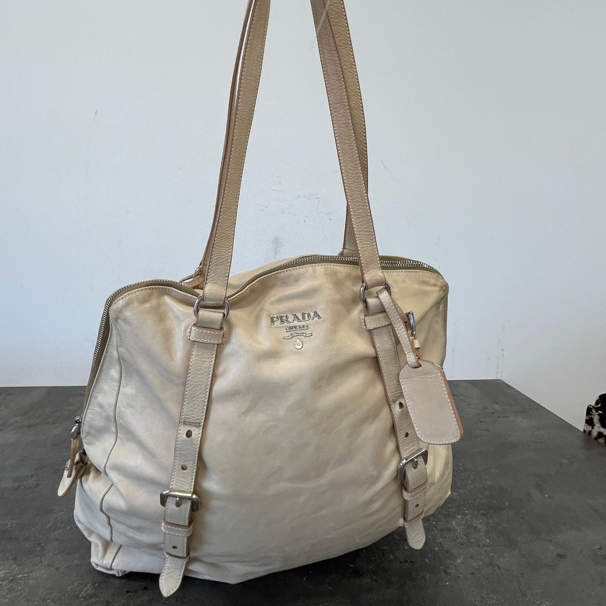 Women's Plaque Logo Dual Buckle Strap Handbag Beige