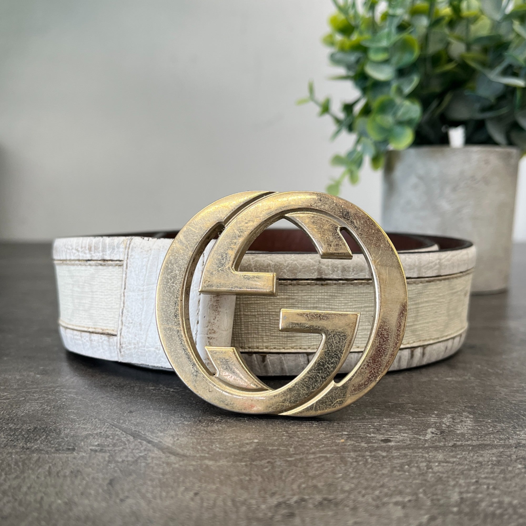 Women's Gg Interlocking Buckle Belt White Size Waist 32"
