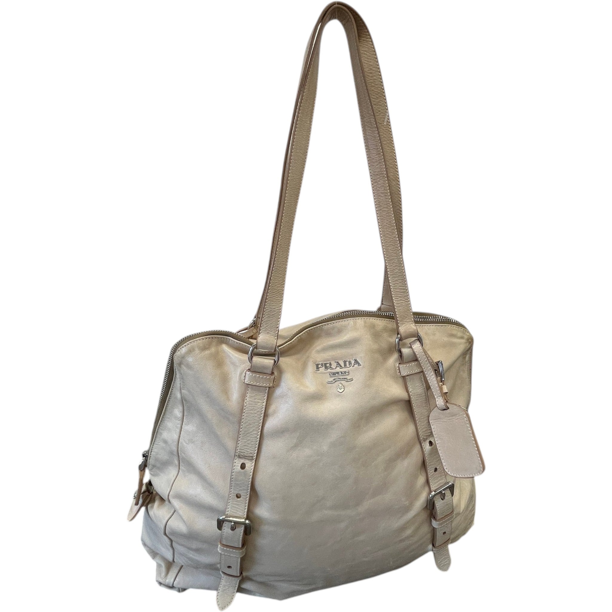 Women's Plaque Logo Dual Buckle Strap Handbag Beige