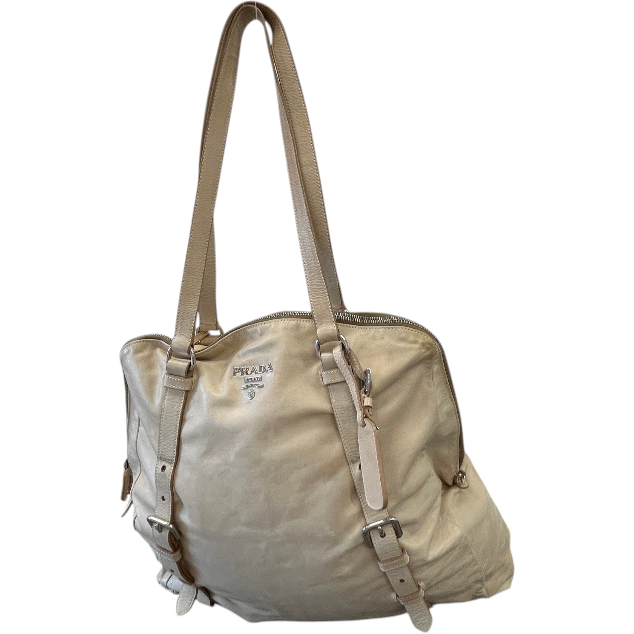 Women's Plaque Logo Dual Buckle Strap Handbag Beige