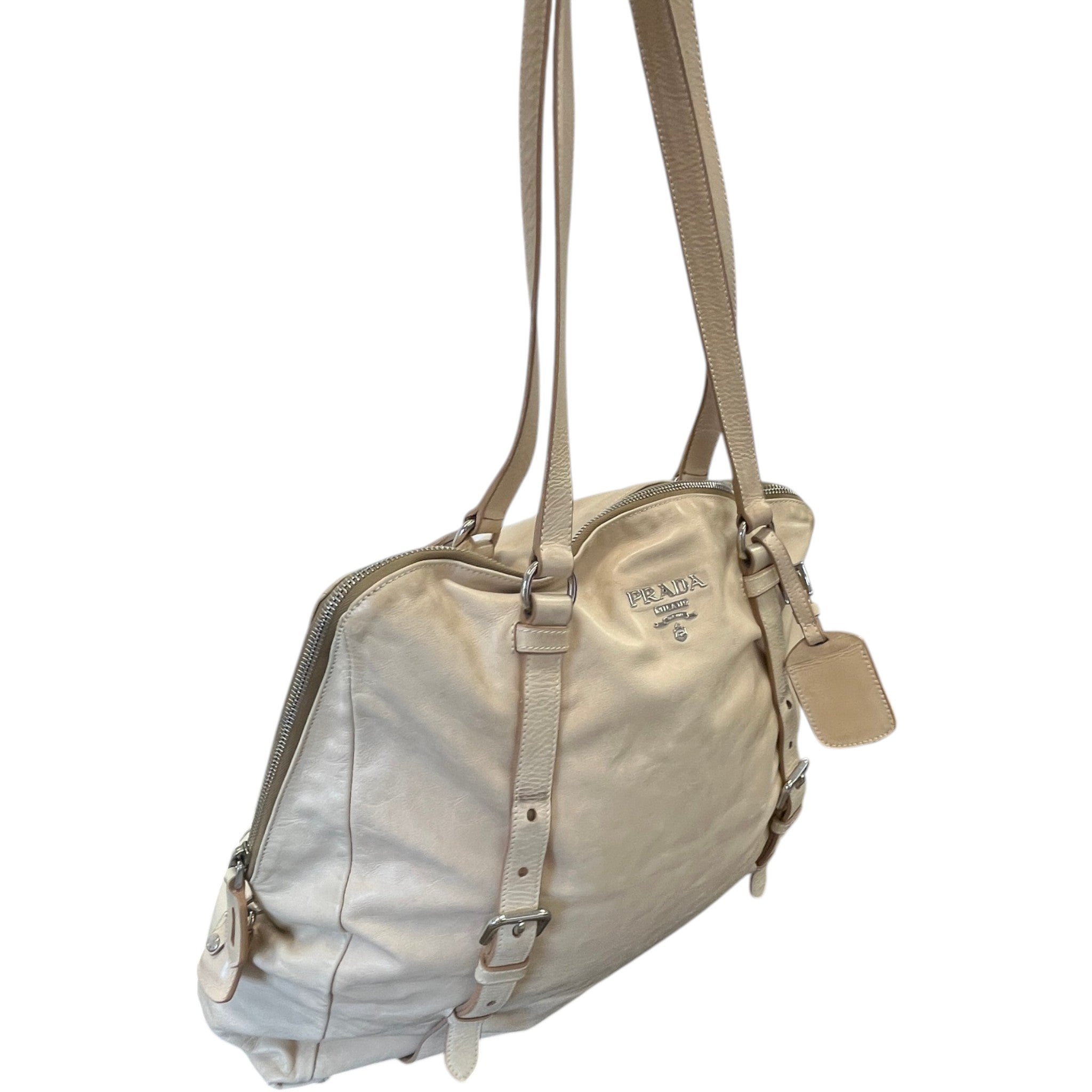Women's Plaque Logo Dual Buckle Strap Handbag Beige