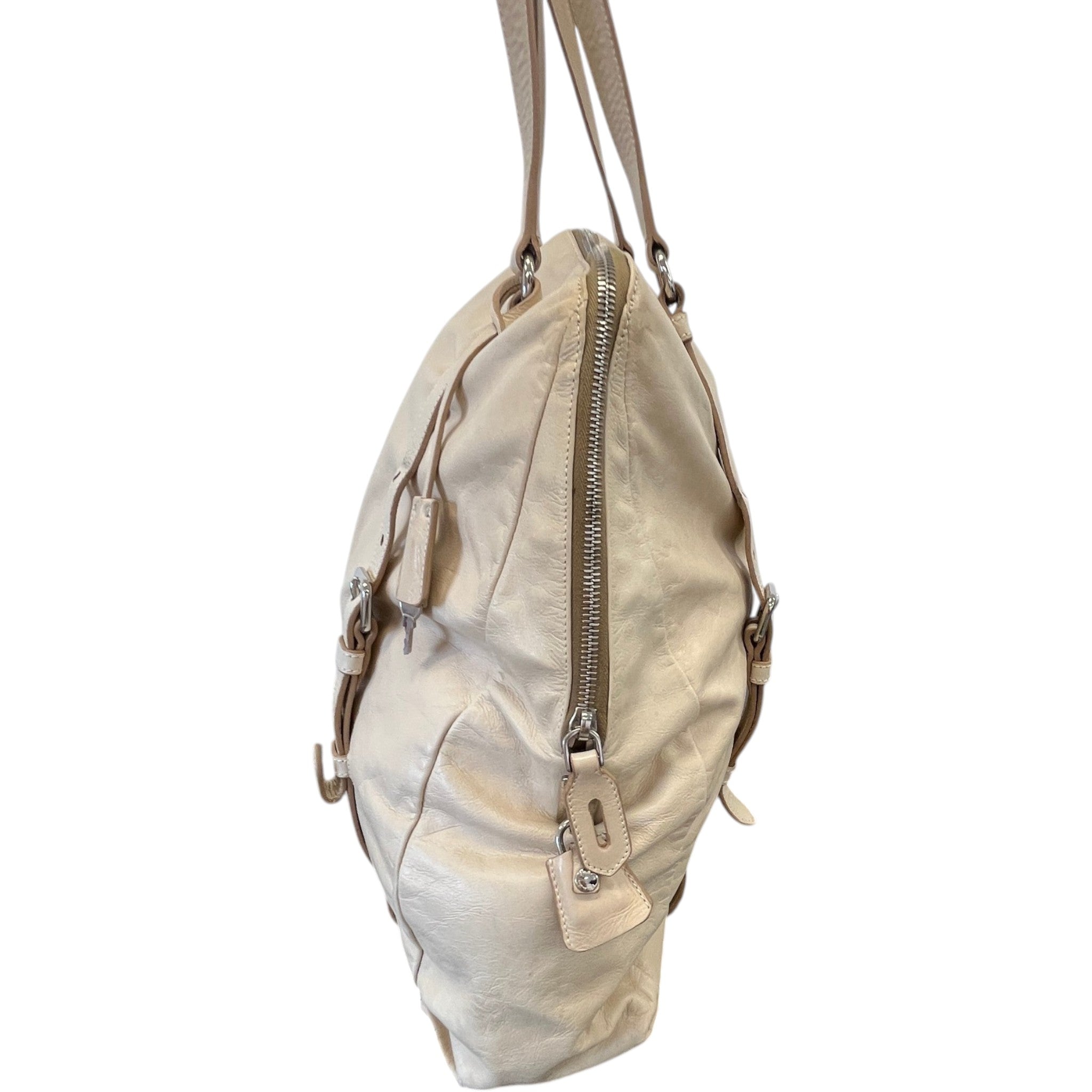 Women's Plaque Logo Dual Buckle Strap Handbag Beige