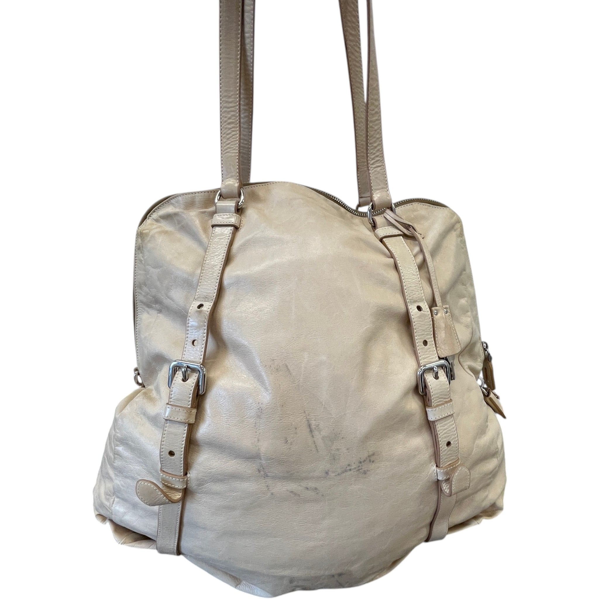 Women's Plaque Logo Dual Buckle Strap Handbag Beige